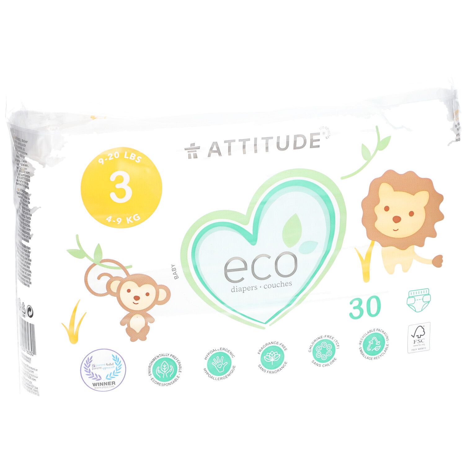 Paquet de couches Attitude Eco, taille 3, 4-9 kg. 30 couches. Illustrations de singe et lion. Emballage blanc avec logos.