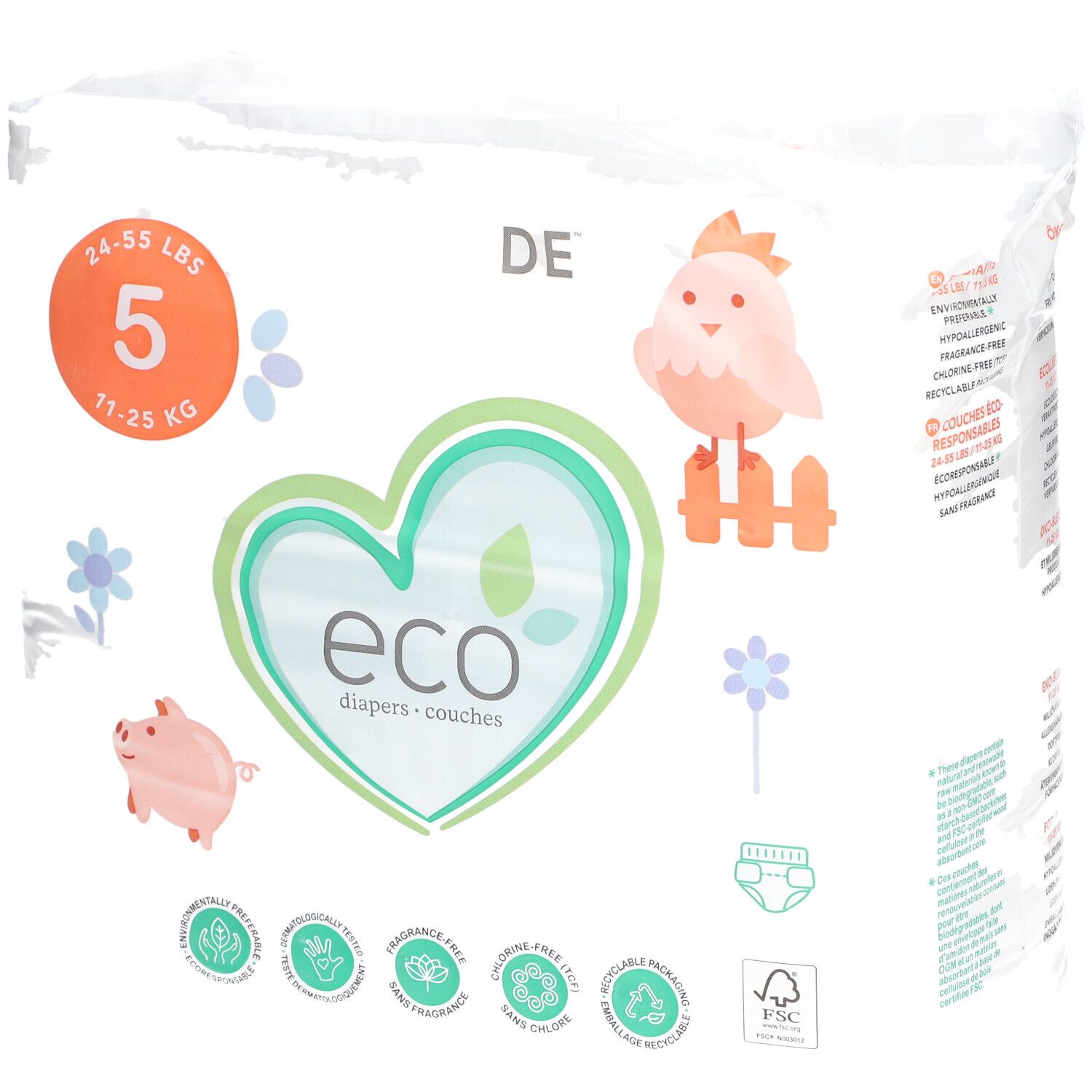 Windelpackung mit "eco" Logo, Größe 5, 11-25 kg. Verpackung mit Illustrationen von Schwein, Vogel und Blumen. FSC-Zertifizierung.