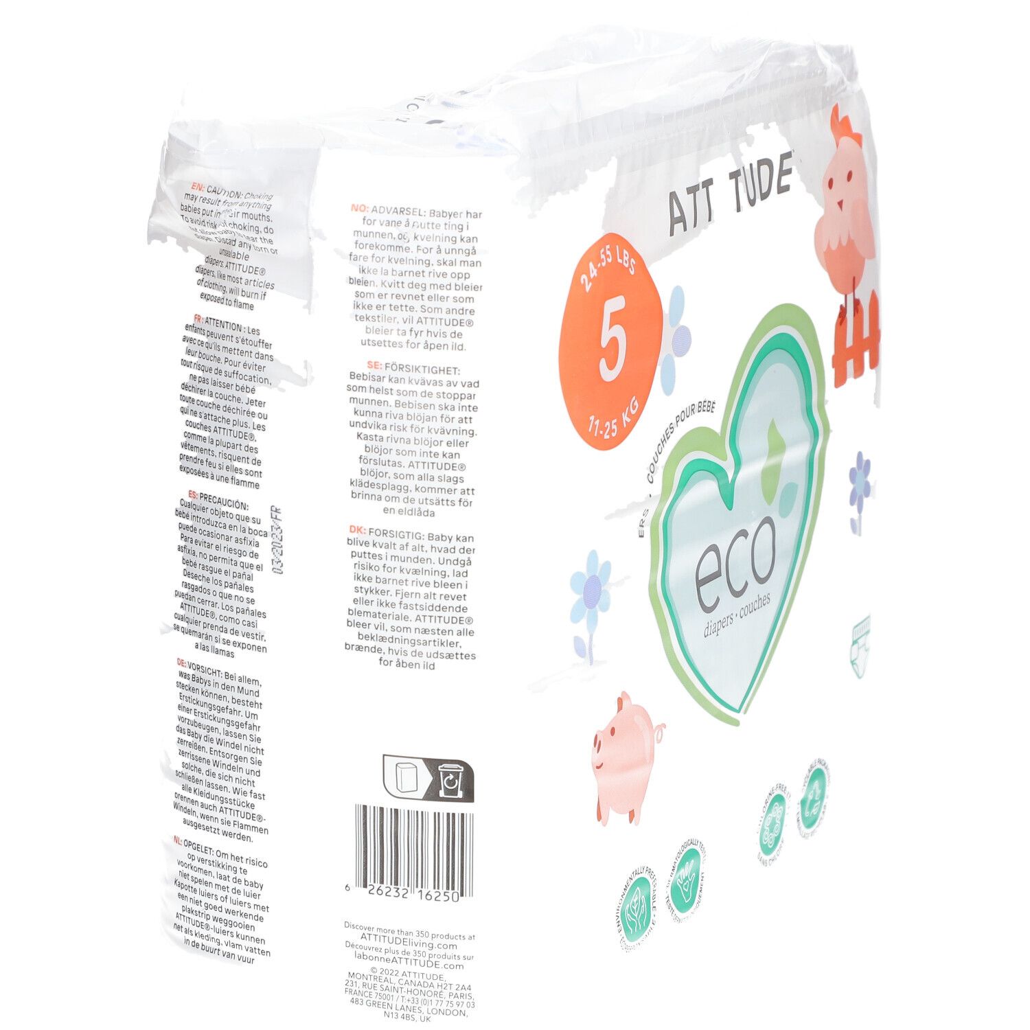 Windelpackung, "ATTITUDE" und "eco" Logo, Größe 5, 11-25 kg. Verpackung mit Text und Illustrationen. FSC-Zertifizierung.