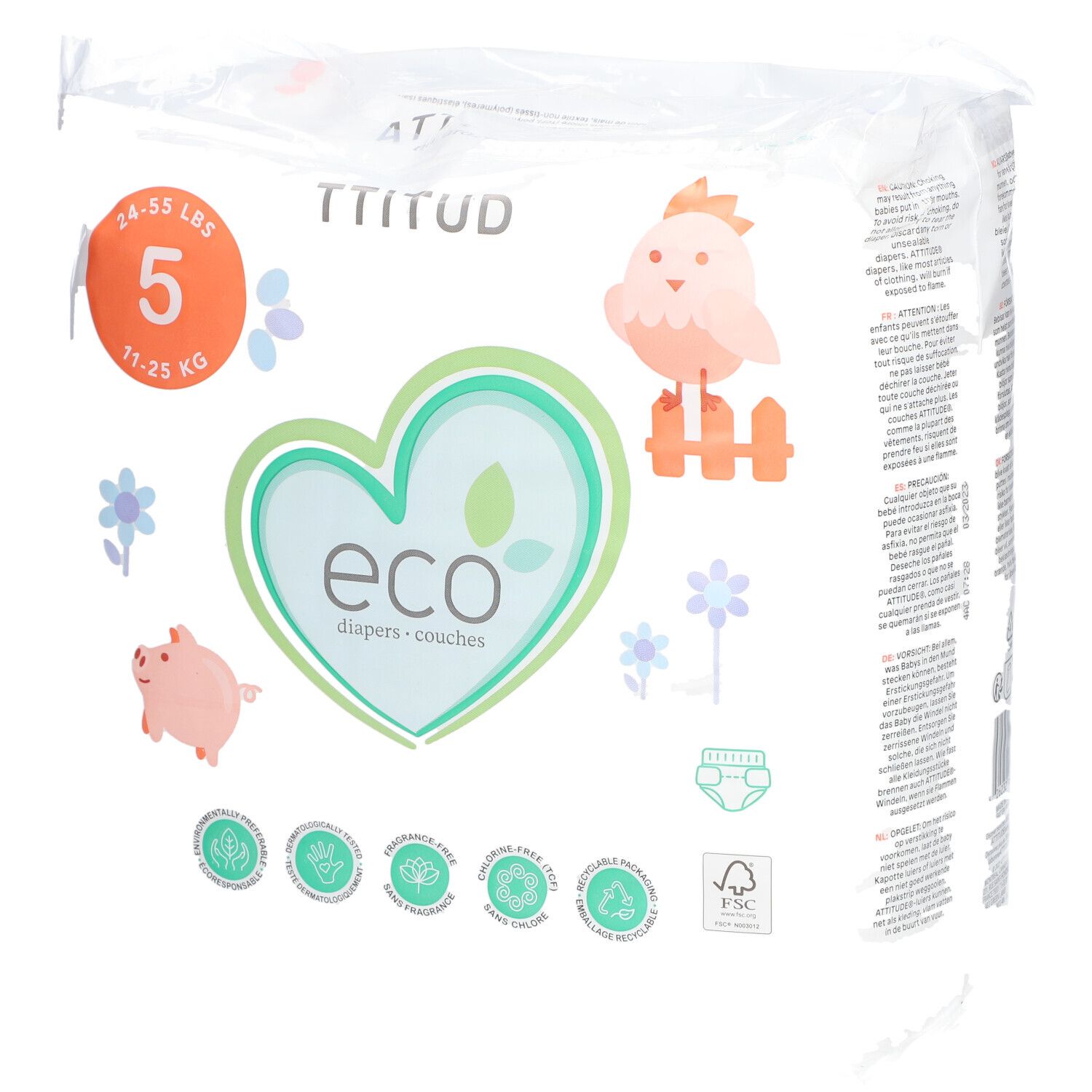 Windelpackung, "ATTITUDE" und "eco" Logo, Größe 5, 11-25 kg. Verpackung mit Illustrationen von Schwein, Vogel und Blumen. FSC-Zertifizierung.