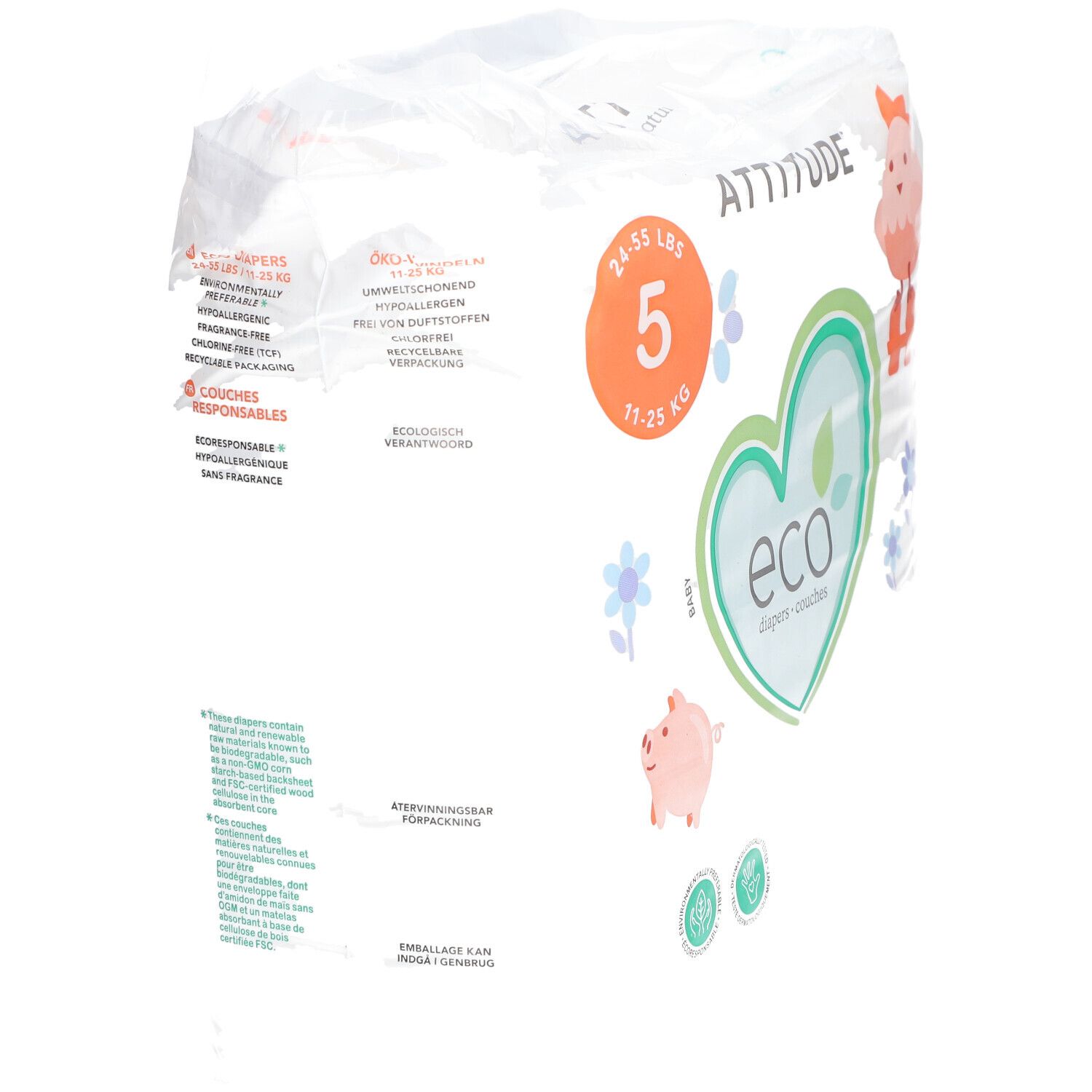 Windelpackung, "ATTITUDE" Logo, Größe 5, 11-25 kg. Verpackung mit Text und Illustrationen. FSC-Zertifizierung.