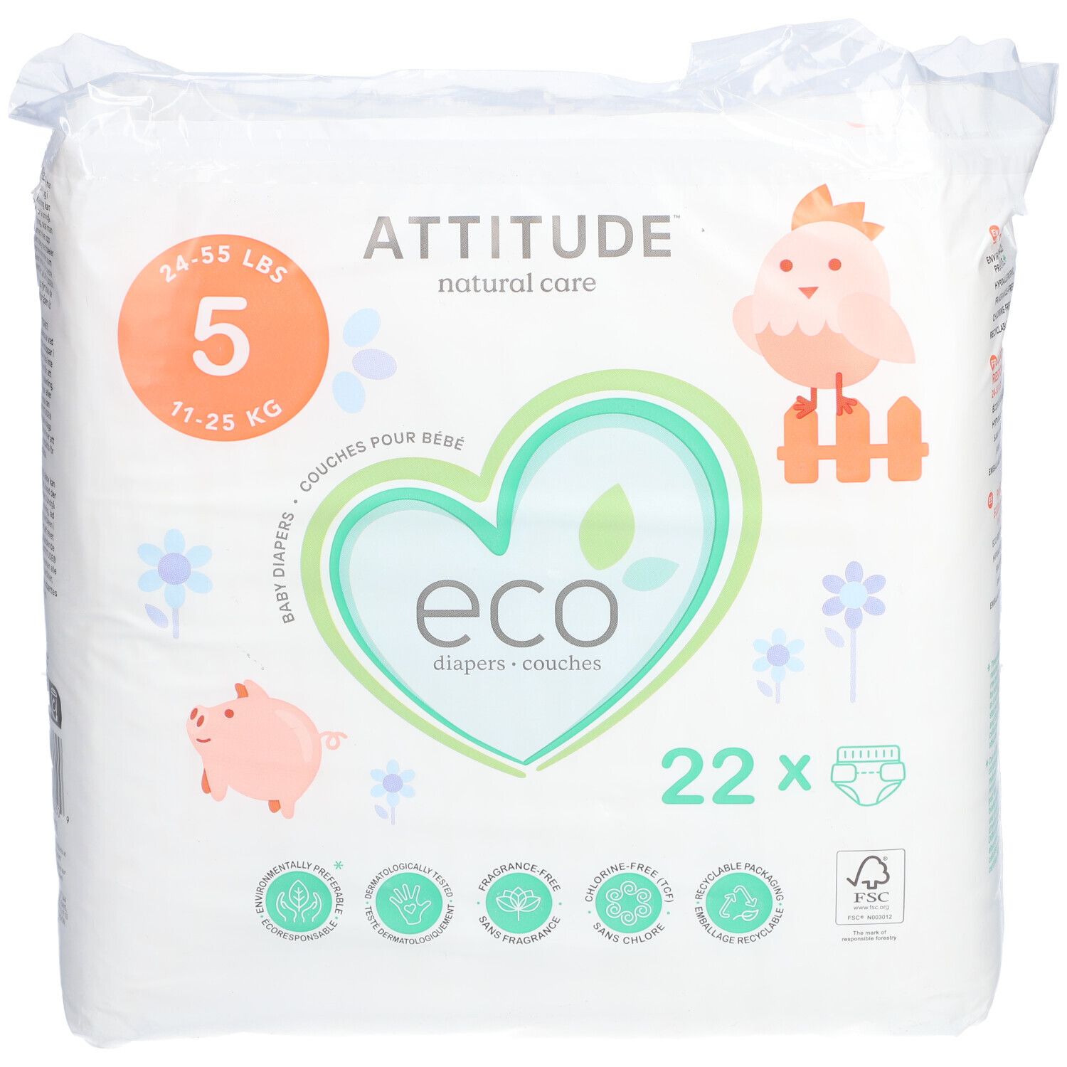 Windelpackung, "ATTITUDE" Logo, Größe 5, 11-25 kg, 22 Stück. Verpackung mit Illustrationen von Schwein, Vogel und Blumen. FSC-Zertifizierung.