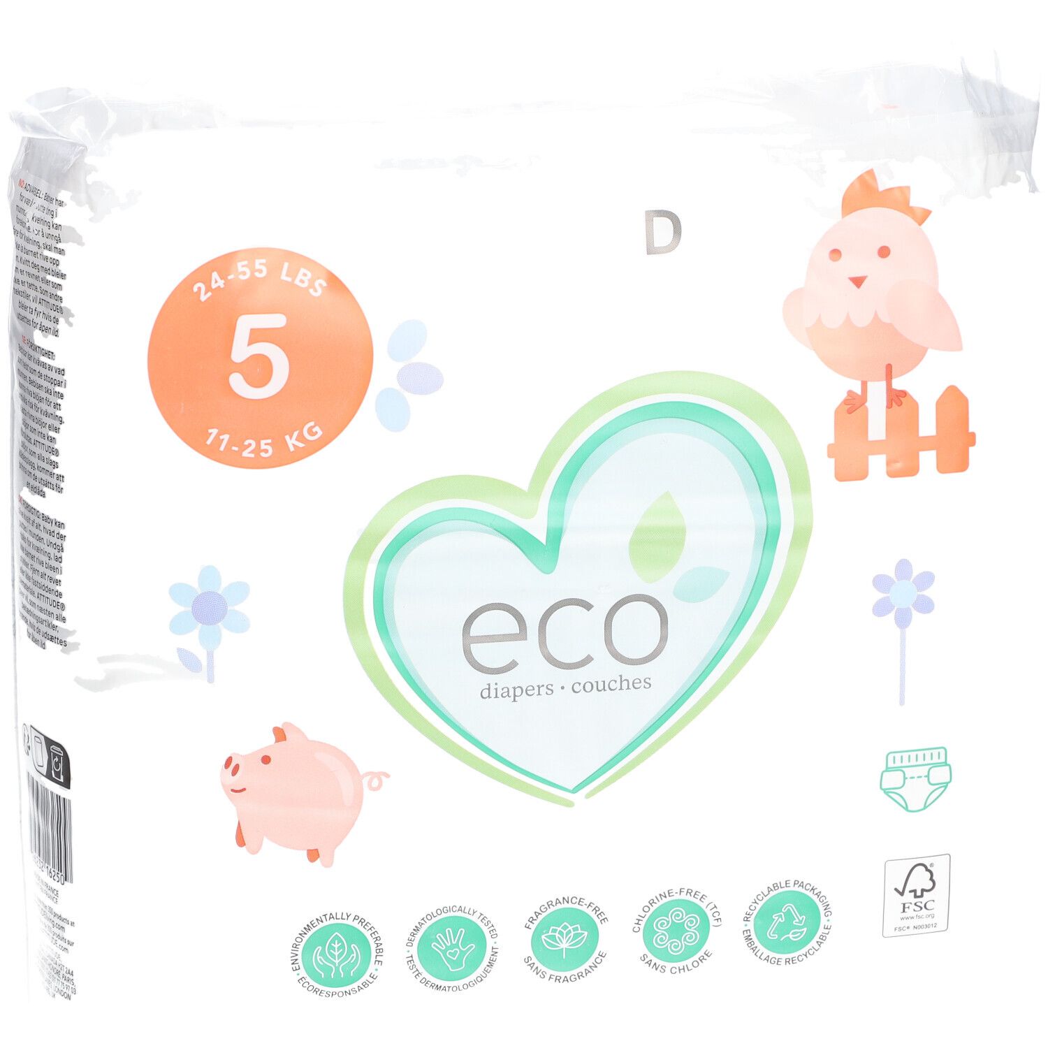 Windelpackung mit "eco" Logo, Größe 5, 11-25 kg. Verpackung mit Illustrationen von Schwein, Vogel und Blumen. FSC-Zertifizierung.