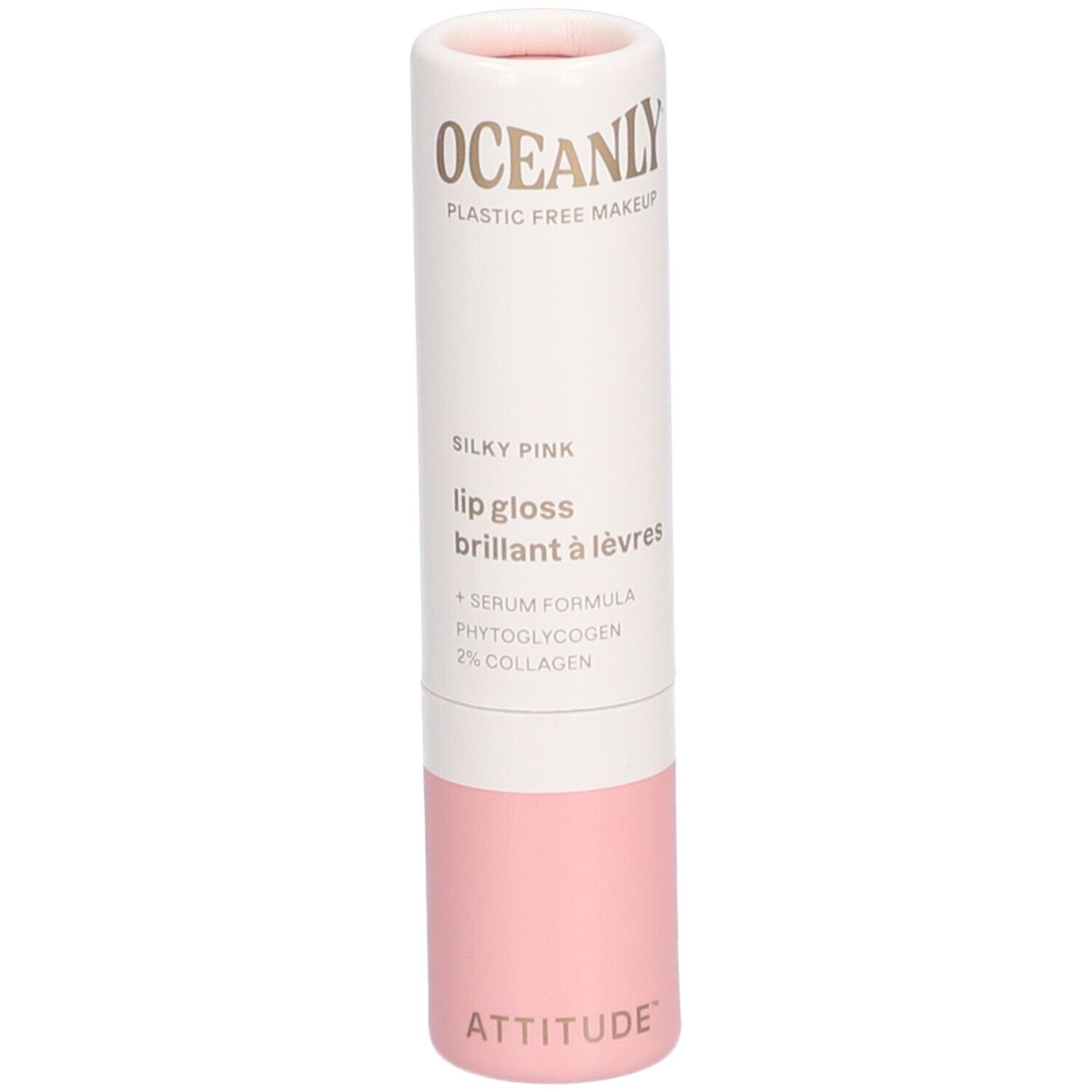Tube de gloss cylindrique blanc et rose. Texte: OCEANLY, Silky Pink, lip gloss, + Serum Formula, ATTITUDE.