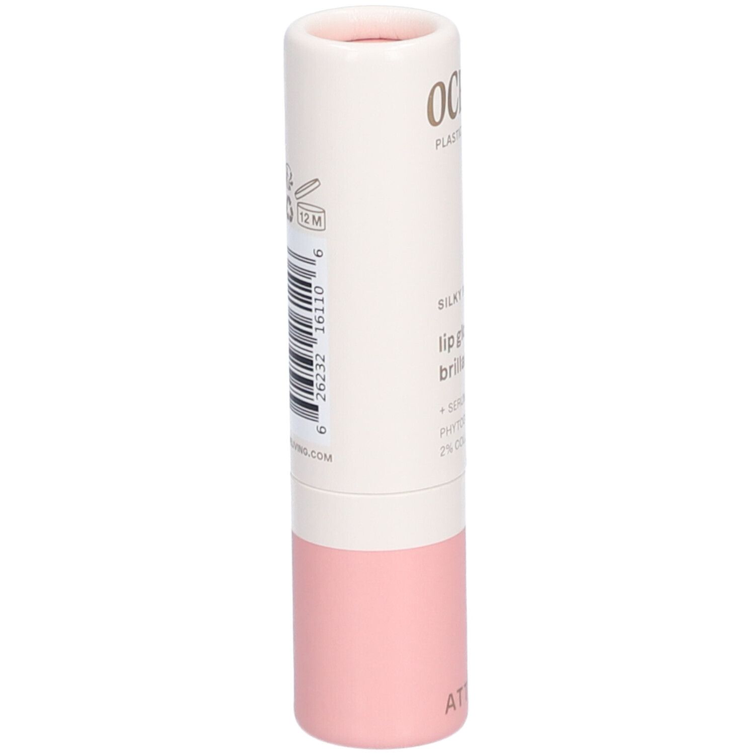Tube de gloss cylindrique blanc et rose. Dos avec code-barres et texte. OCEANLY, Silky Pink, lip gloss, ATTITUDE.