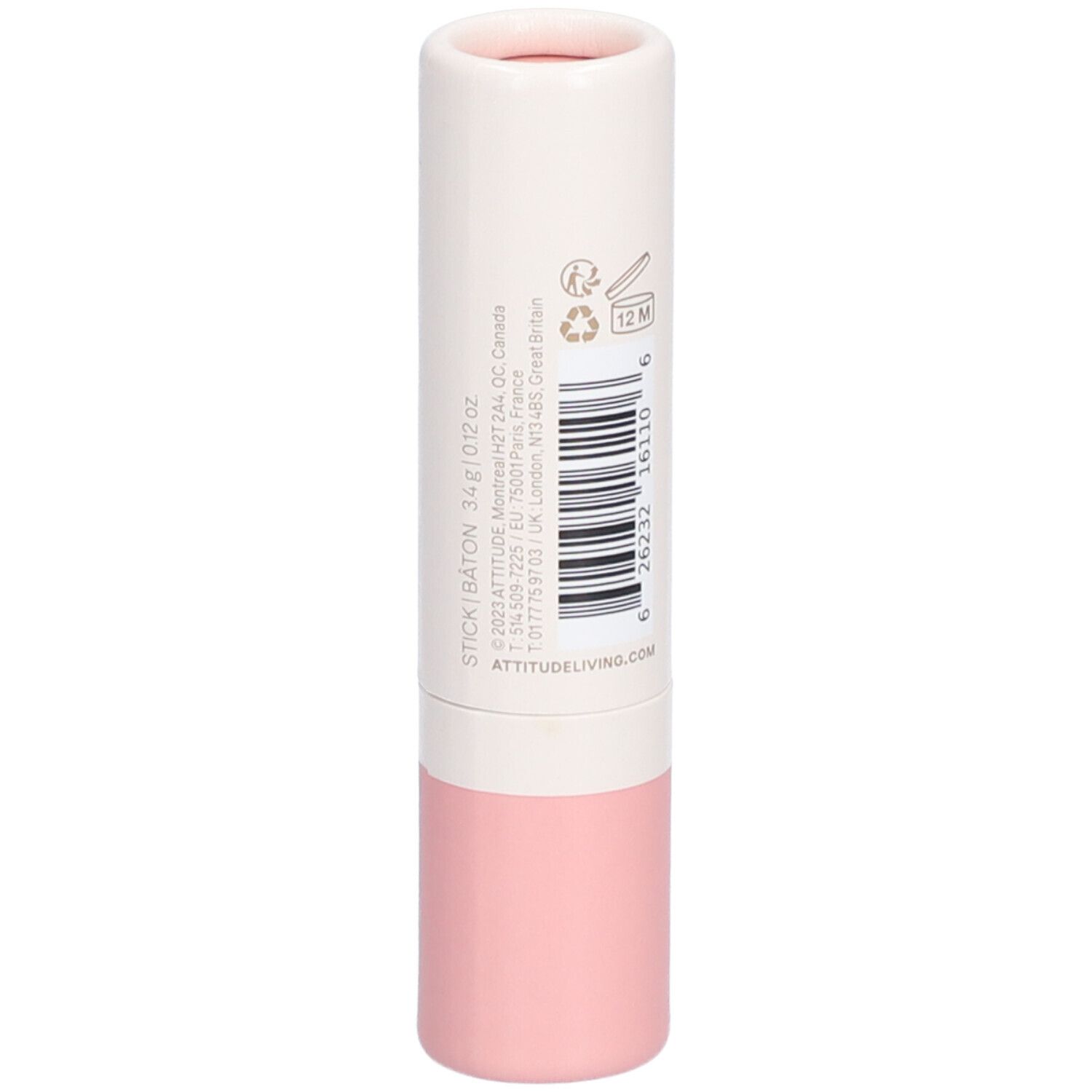 Tube de gloss cylindrique blanc et rose. Dos avec code-barres et texte. OCEANLY, Silky Pink, lip gloss, ATTITUDE.
