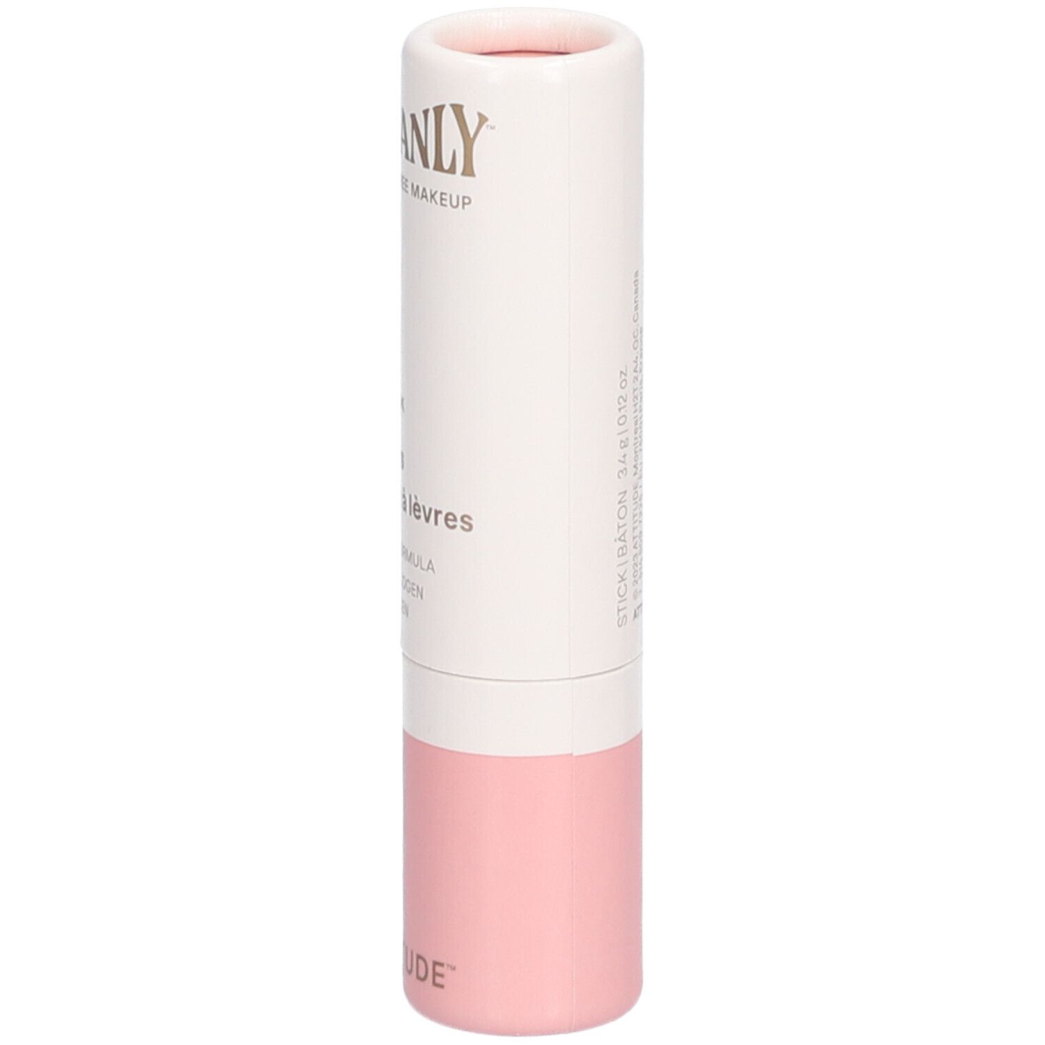 Tube de gloss cylindrique blanc et rose. Texte: OCEANLY, Silky Pink, lip gloss, ATTITUDE.