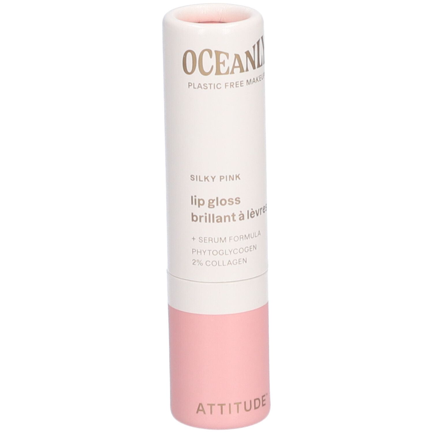 Tube de gloss cylindrique blanc et rose. Texte: OCEANLY, Silky Pink, lip gloss, ATTITUDE.