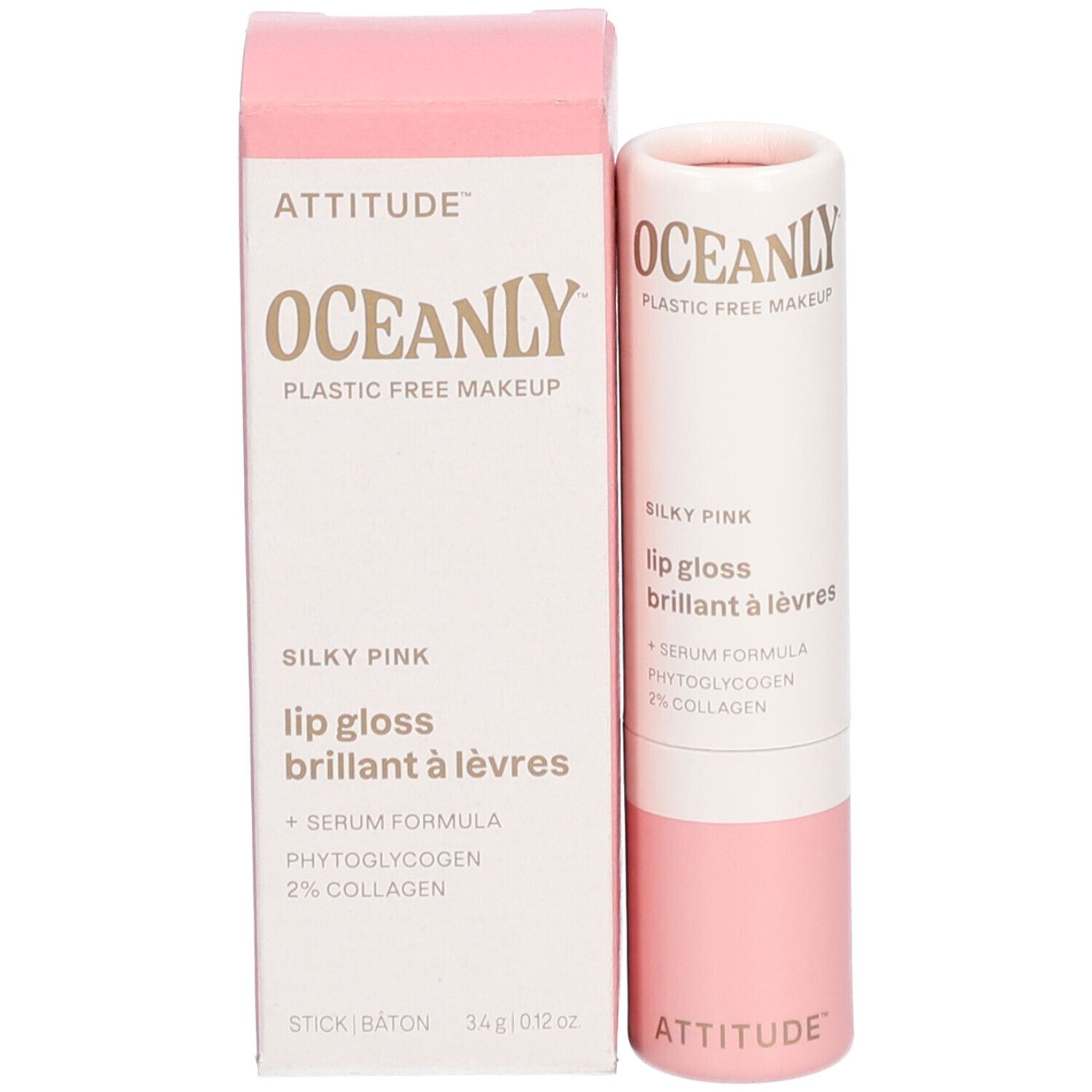 Emballage et tube de gloss. Emballage: OCEANLY, Silky Pink, lip gloss, ATTITUDE. Tube: blanc et rose.