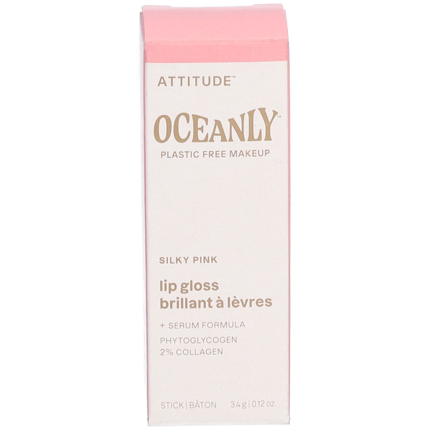 Emballage de gloss, rose. Texte: ATTITUDE, OCEANLY, Silky Pink, lip gloss, + Serum Formula, 3,4g/0,12 oz.