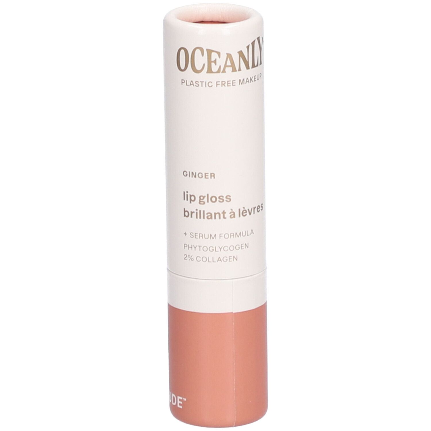 Cilindrische lipglossverpakking. Boven: OCEANLY, daaronder: lipgloss Ingwer. Onderkant: roze.