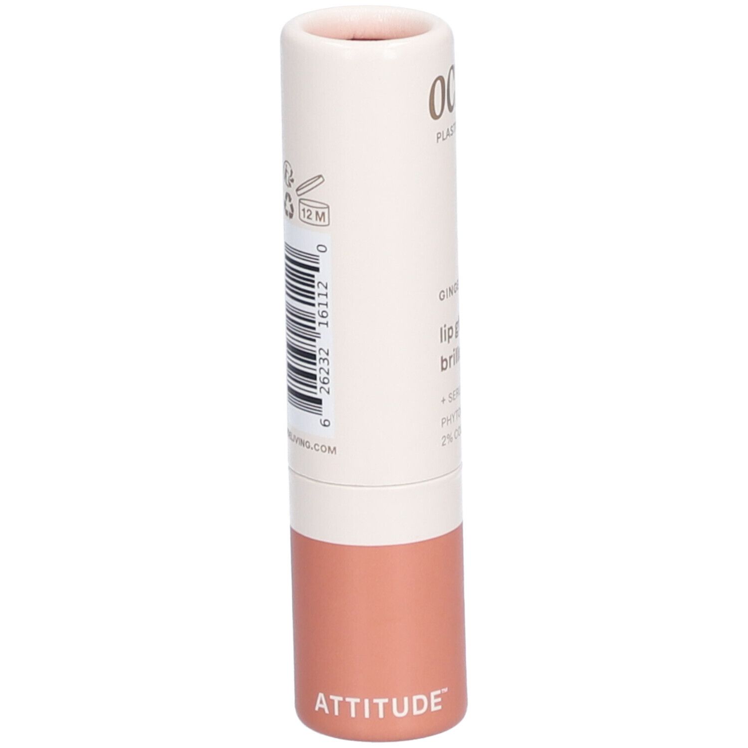 Lipgloss tube. OCEANLY, lipgloss Ingwer. Achterkant met barcode en ATTITUDE logo.