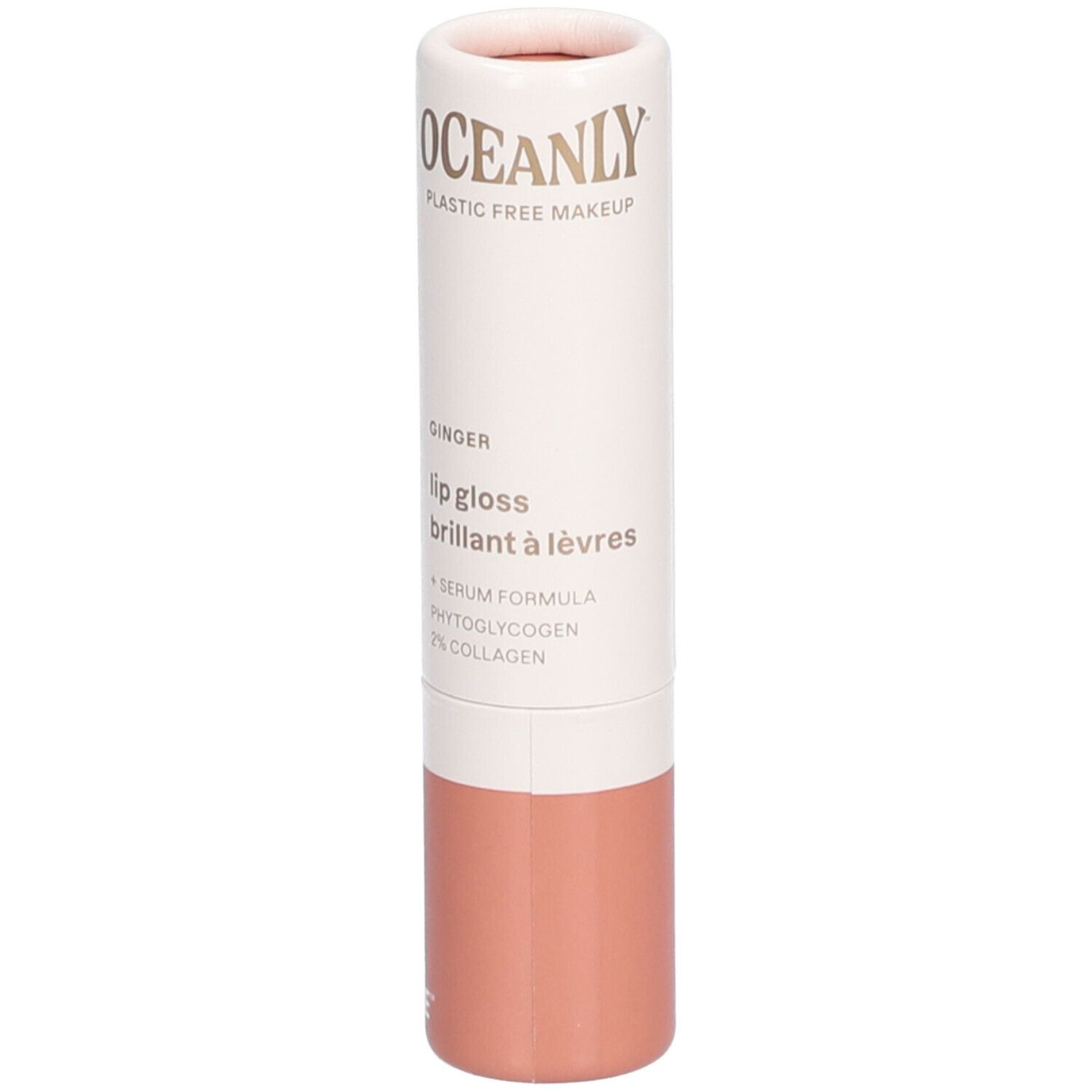 Cilindrische lipglossverpakking. OCEANLY, lipgloss Ingwer. Serumformule, fytoglycogeen, 2% collageen.