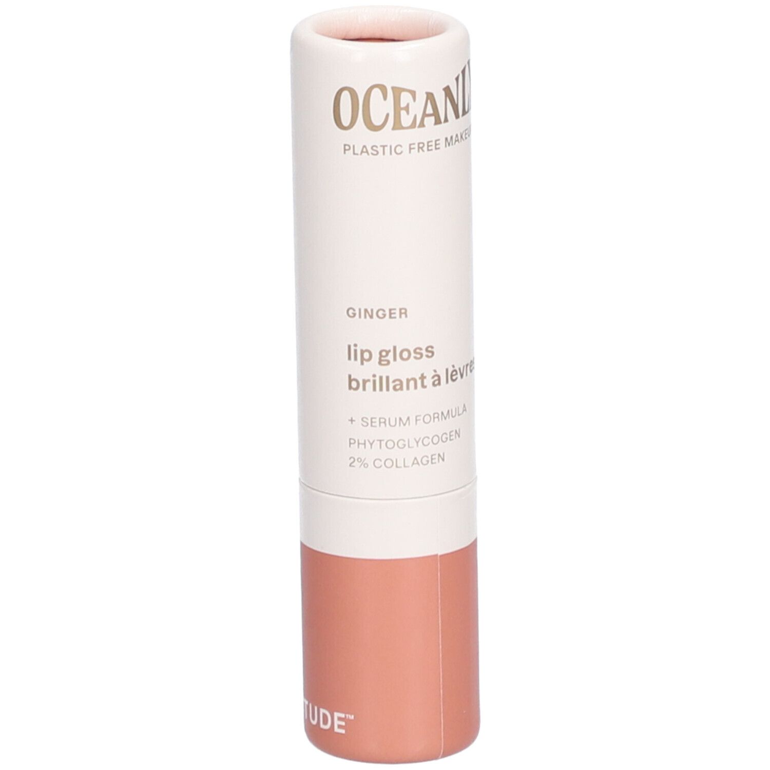 Cilindrische lipglossverpakking. OCEANLY, lipgloss Ingwer. Serumformule, fytoglycogeen, 2% collageen.