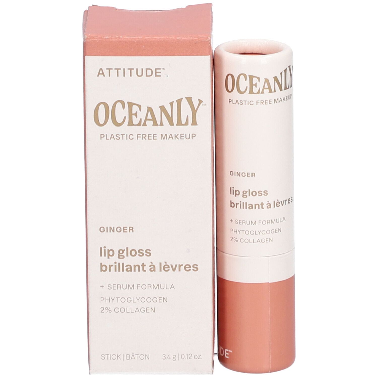 Lipglossverpakking met doos. OCEANLY, lipgloss Ingwer. Serumformule, fytoglycogeen, 2% collageen. Roze.