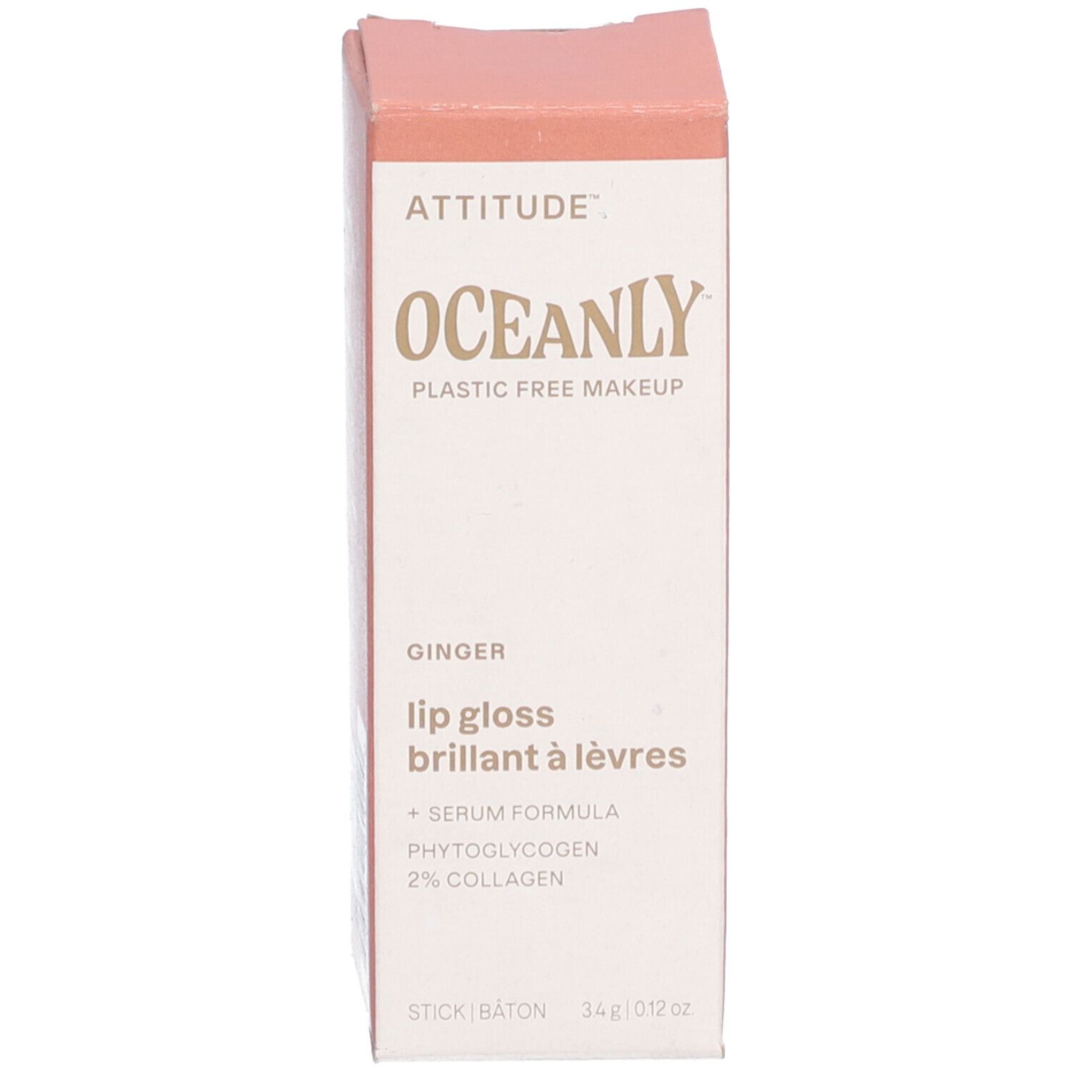 Kartonnen verpakking voor lipgloss. ATTITUDE, OCEANLY, lipgloss Ingwer. 3,4 g/0,12 oz. Roze.