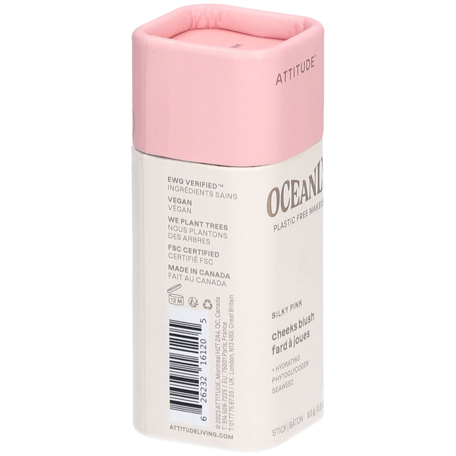 Roze blush stick van Attitude Oceanly. Tekst: Silky Pink, cheeks blush, fard à joues. Vegan, FSC.