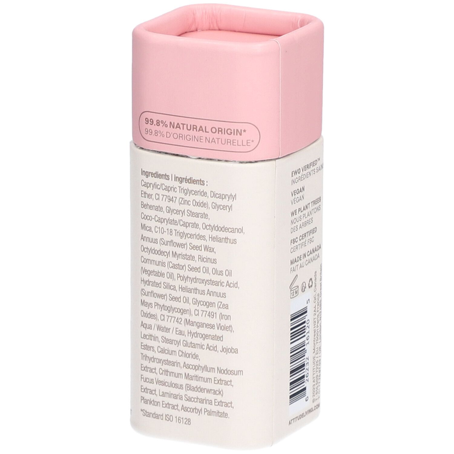 Roze blush stick van Attitude Oceanly. Tekst: Ingrediënten, 99,8% natuurlijke oorsprong.