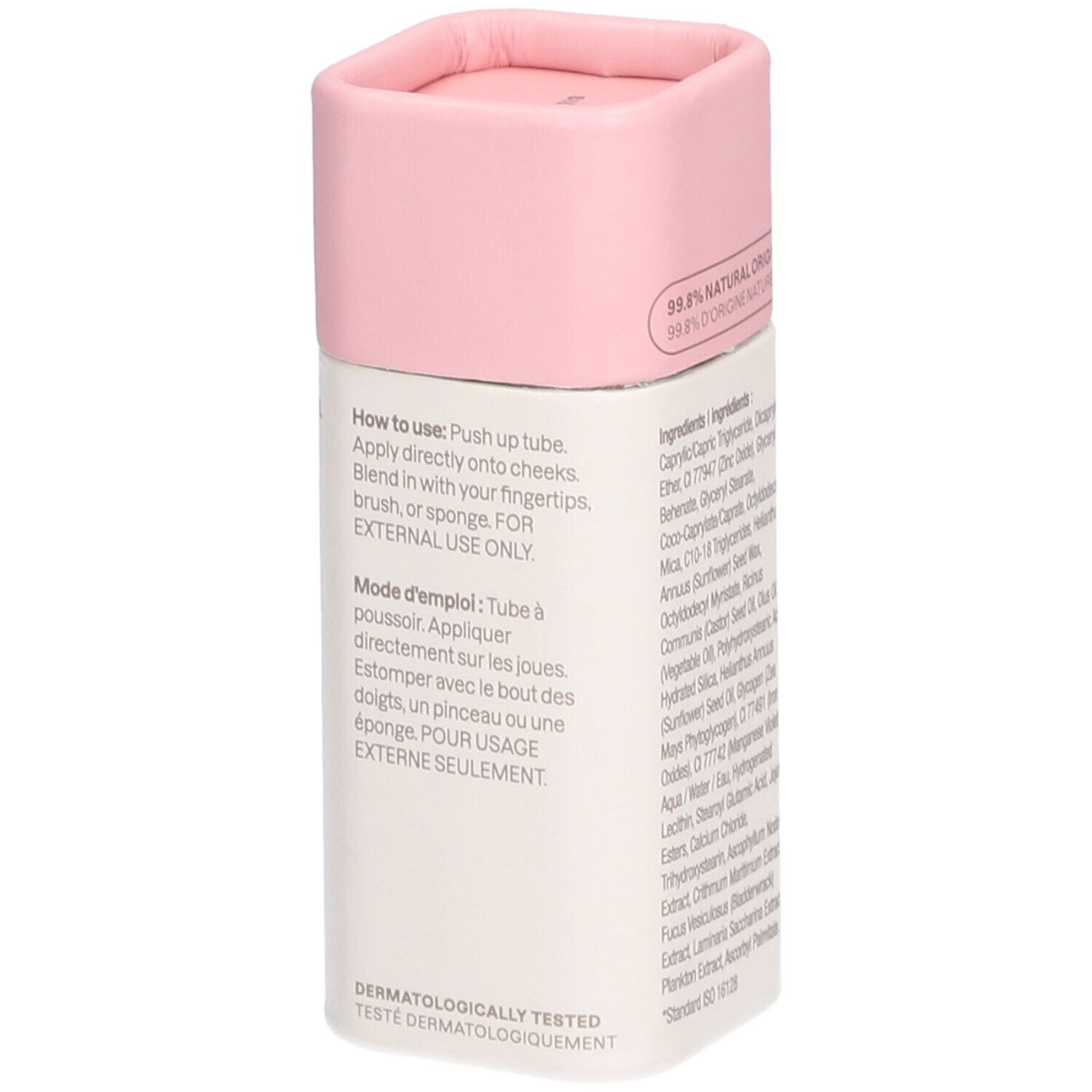 Roze blush stick van Attitude Oceanly. Tekst: Gebruiksaanwijzing, dermatologisch getest.