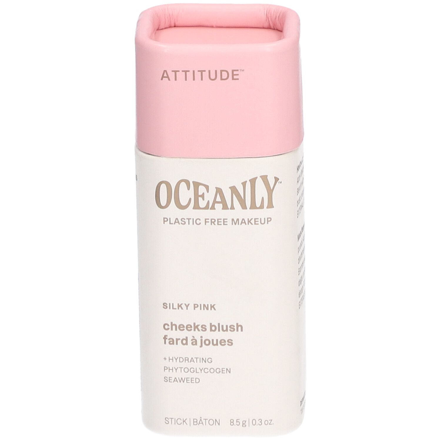 Roze blush stick van Attitude Oceanly. Tekst: Silky Pink, cheeks blush, fard à joues. Cilindrische verpakking.