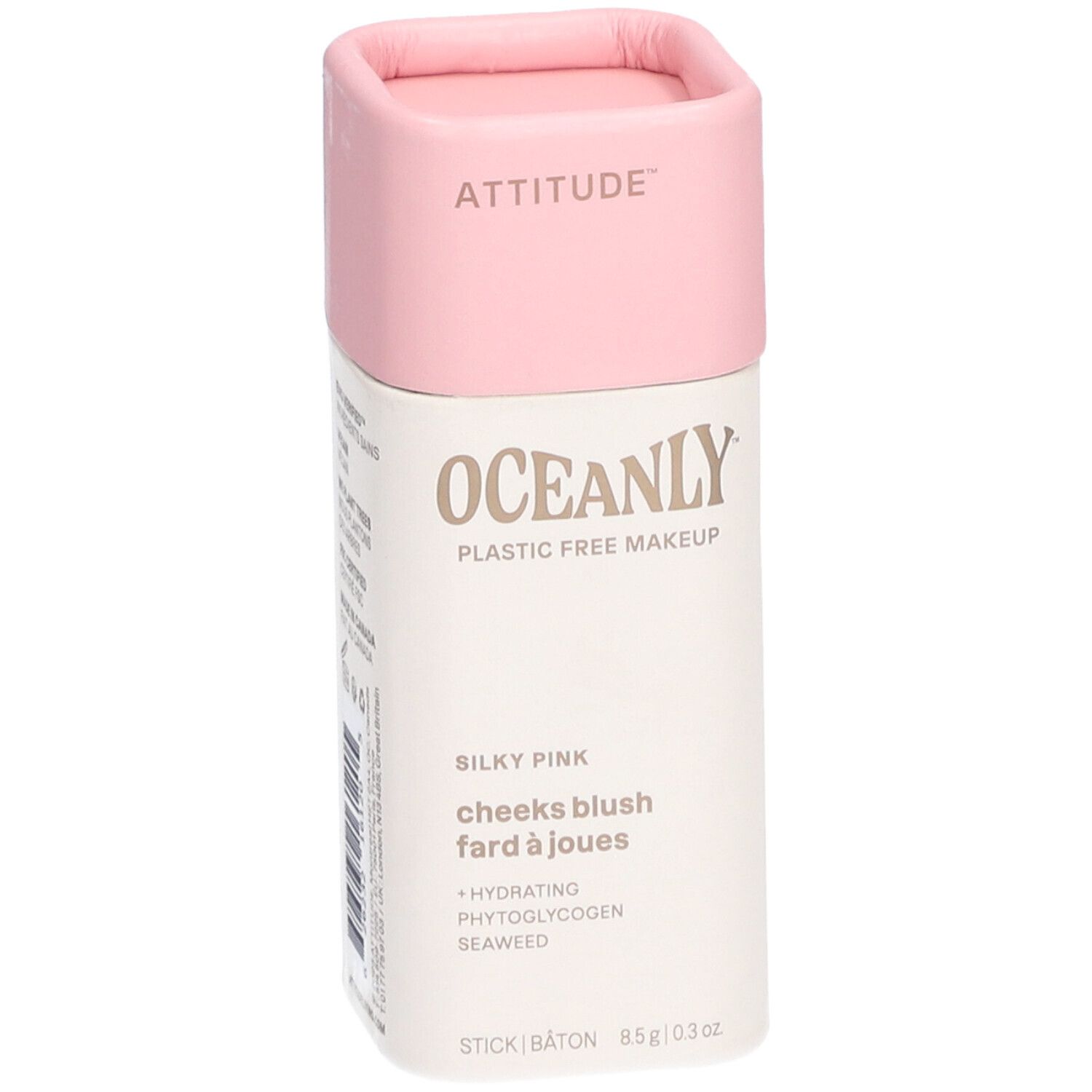 Roze blush stick van Attitude Oceanly. Tekst: Silky Pink, cheeks blush, fard à joues. Cilindrische verpakking.