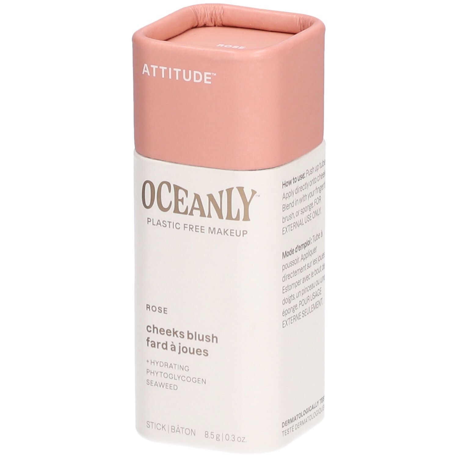 Stick de blush OCEANLY, ATTITUDE. Rose, pour joues. Hydratant, avec phytoglycogène et algues. 8,5g.