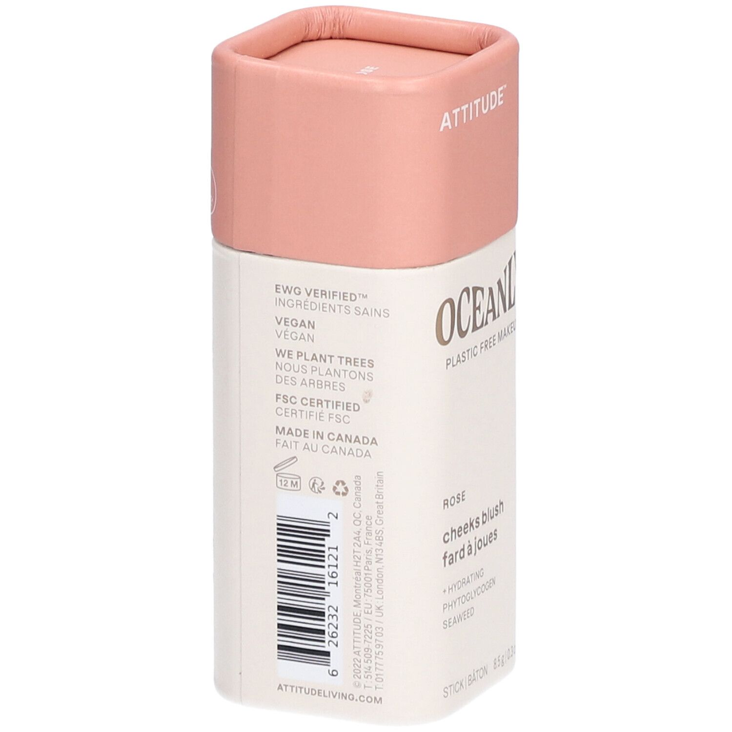 Stick de blush OCEANLY, ATTITUDE. Dos avec ingrédients, vegan, certifié FSC. Fabriqué au Canada. 12M.