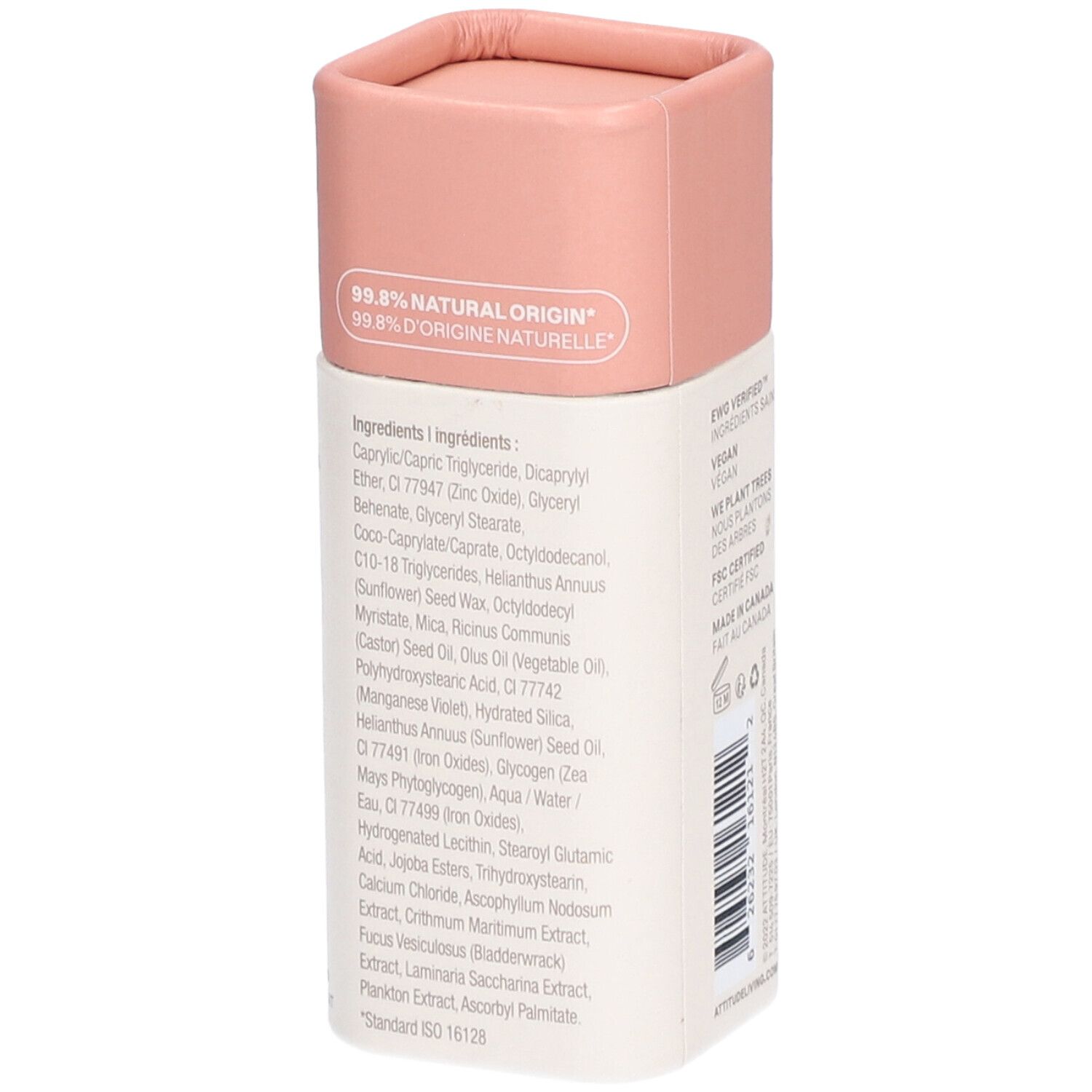 Stick de blush OCEANLY, ATTITUDE. Dos avec ingrédients. 99,8% d'origine naturelle. Ingrédients listés.