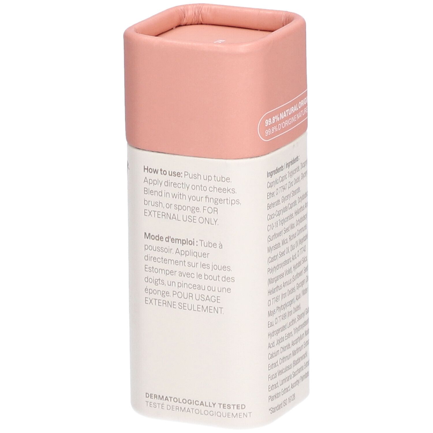 Stick de blush OCEANLY, ATTITUDE. Dos avec instructions d'utilisation. Pour usage externe. Testé dermatologiquement.