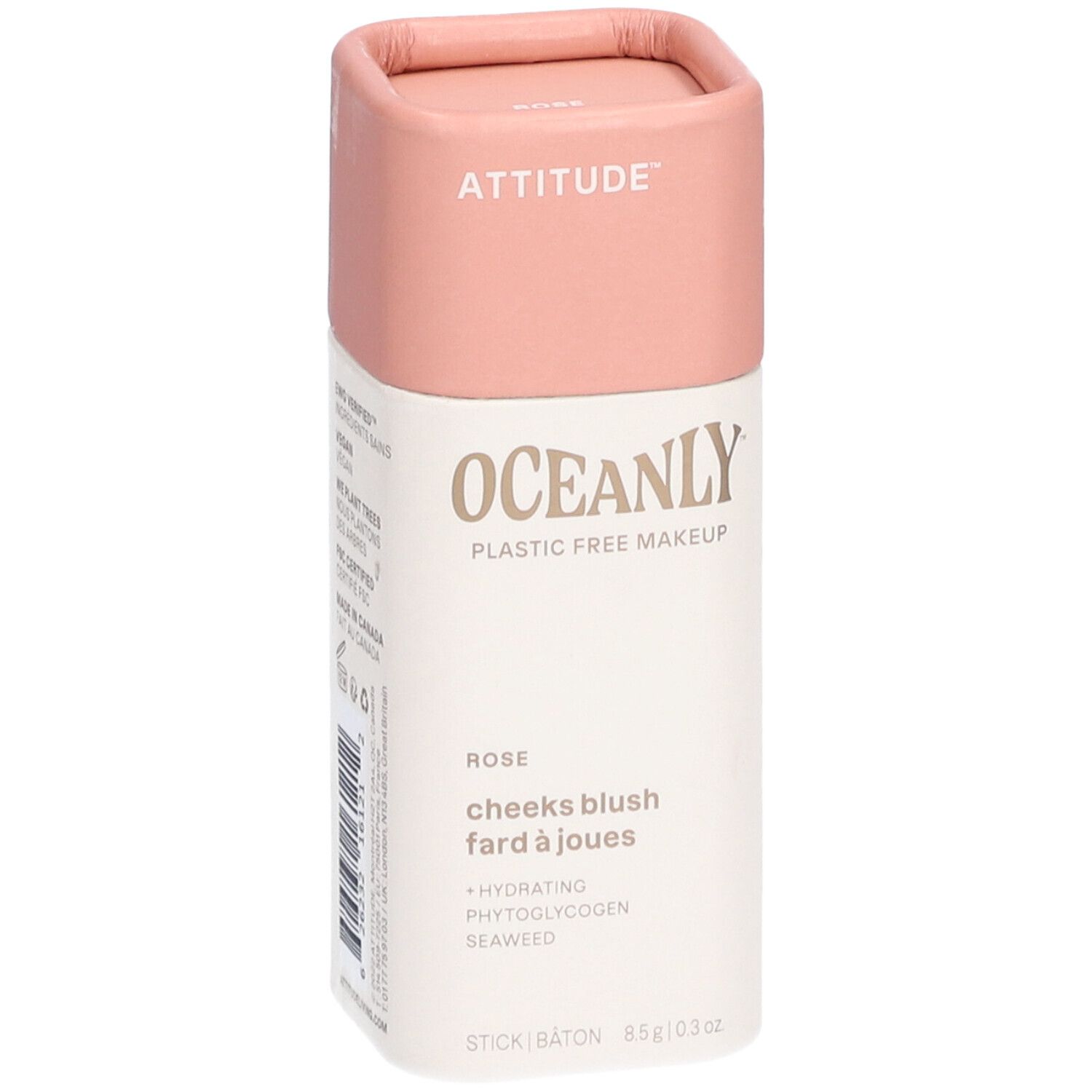 Stick de blush OCEANLY, ATTITUDE. Rose, pour joues. Hydratant, avec phytoglycogène et algues. 8,5g.