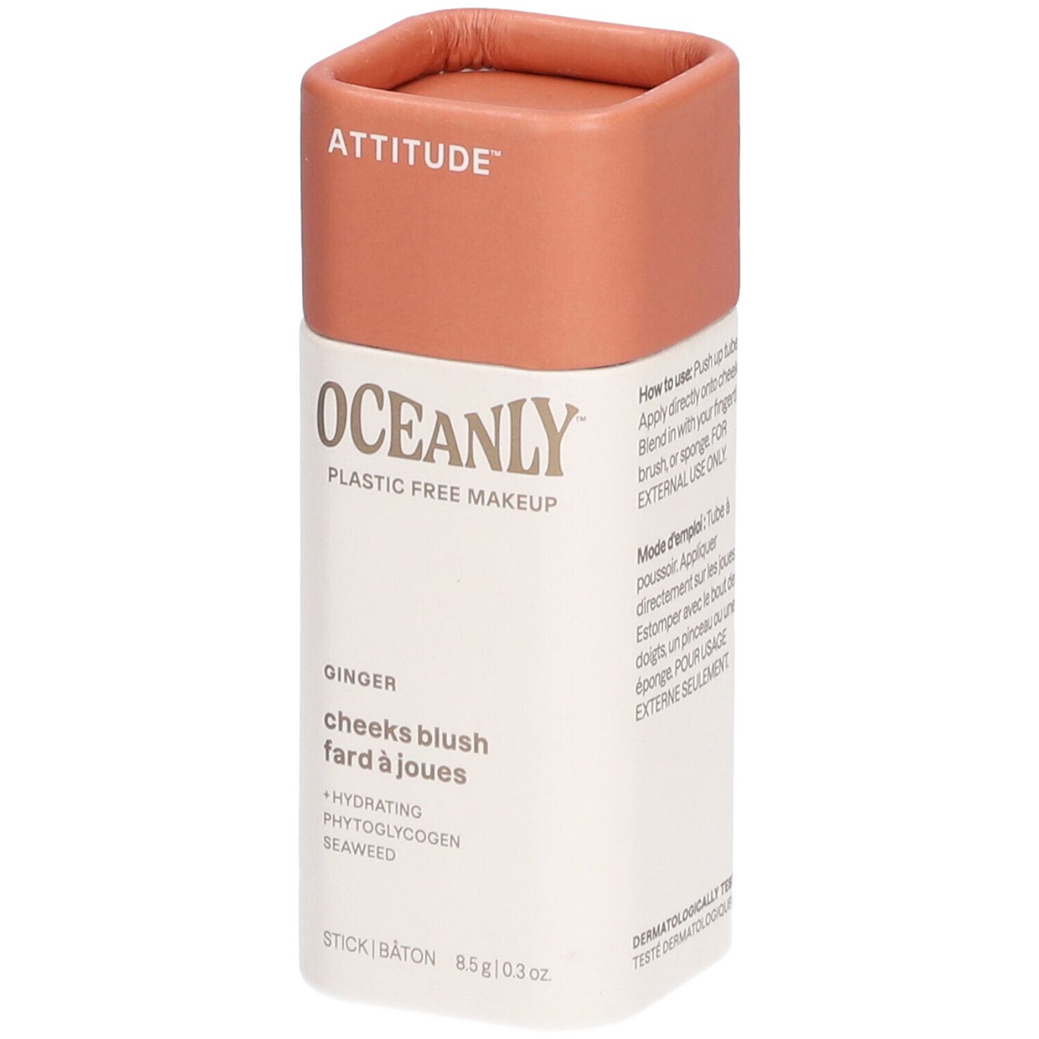 Stick cylindrique avec couvercle rose. Inscription: ATTITUDE, OCEANLY, Ginger, cheeks blush.