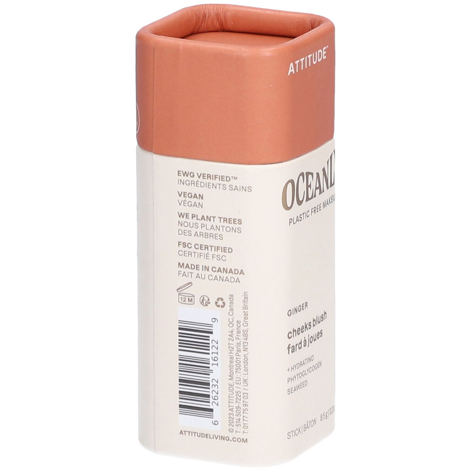 Stick avec couvercle rose. Inscription: OCEANLY, Ginger, cheeks blush. Dos avec ingrédients et certifications.