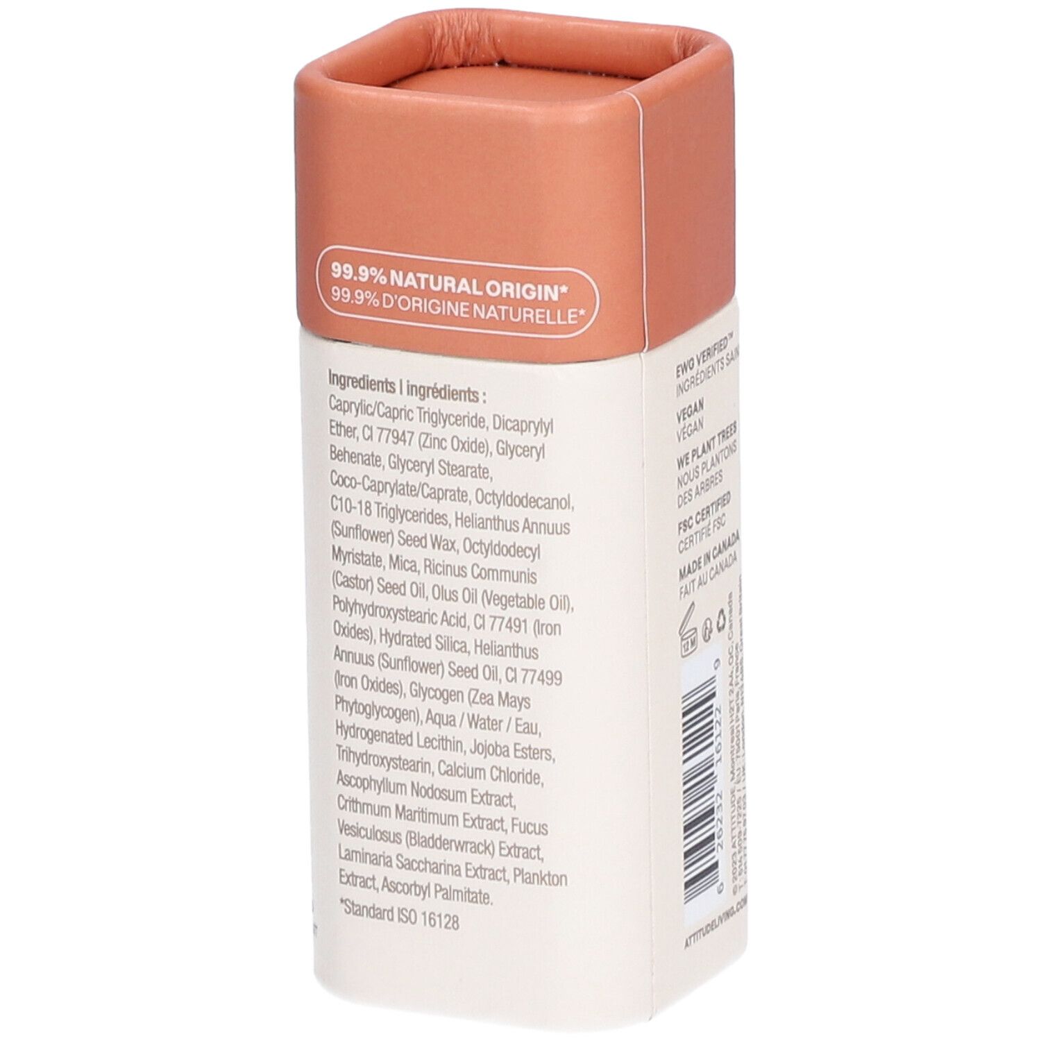 Stick avec couvercle rose. Dos avec ingrédients et certifications. Inscription: 99.9% NATURAL ORIGIN.