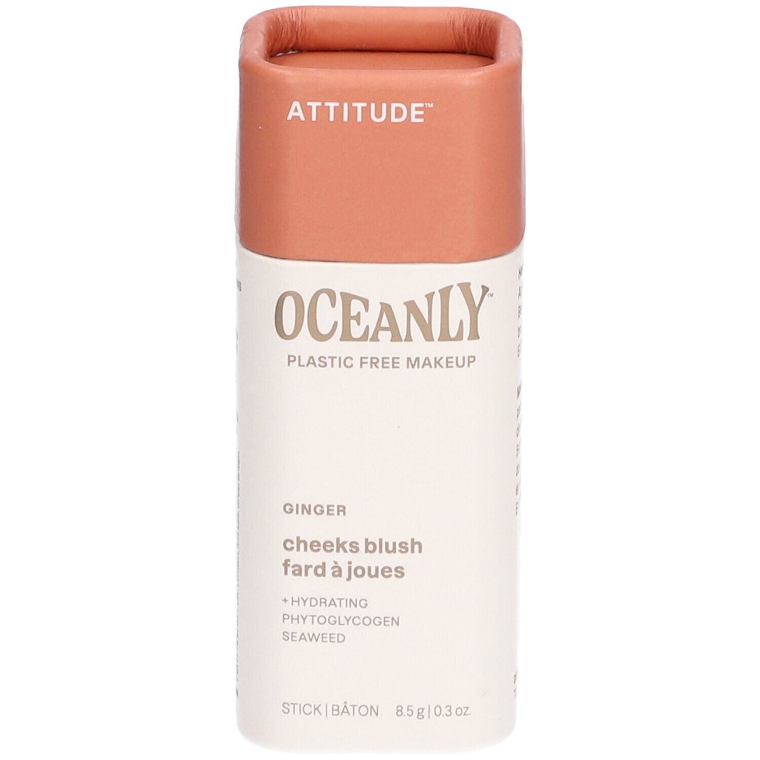 Stick cylindrique avec couvercle rose. Inscription: ATTITUDE, OCEANLY, Ginger, cheeks blush.