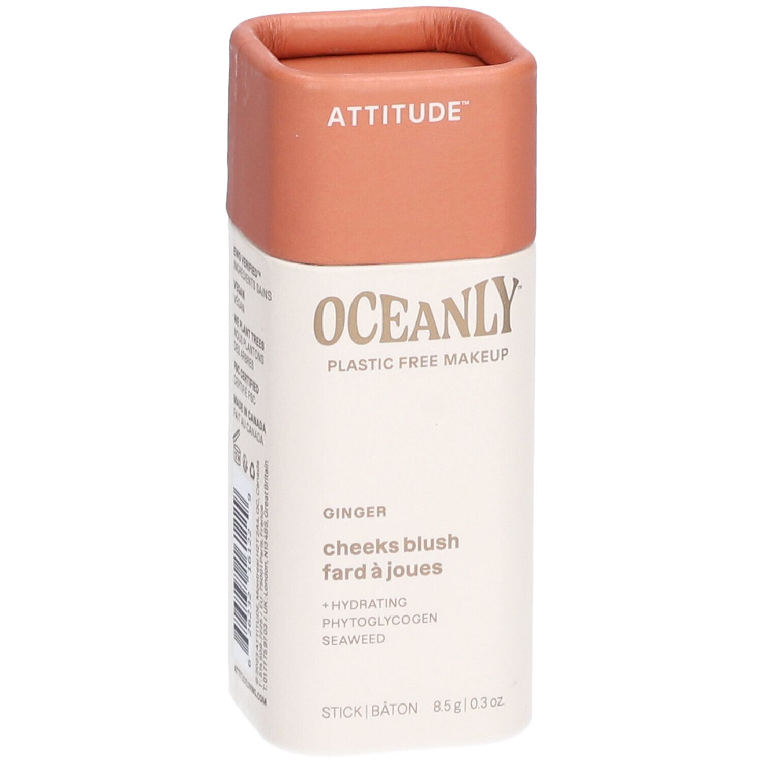 Stick cylindrique avec couvercle rose. Inscription: ATTITUDE, OCEANLY, Ginger, cheeks blush.