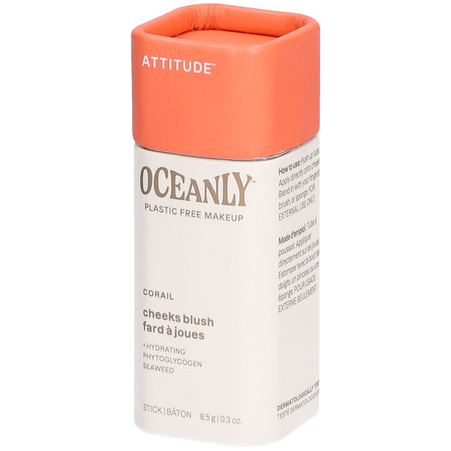 Contenant cylindrique avec couvercle orange. Inscriptions: ATTITUDE, OCEANLY, CORAIL, cheeks blush, fard à joues. 8.5g/0.3 oz.