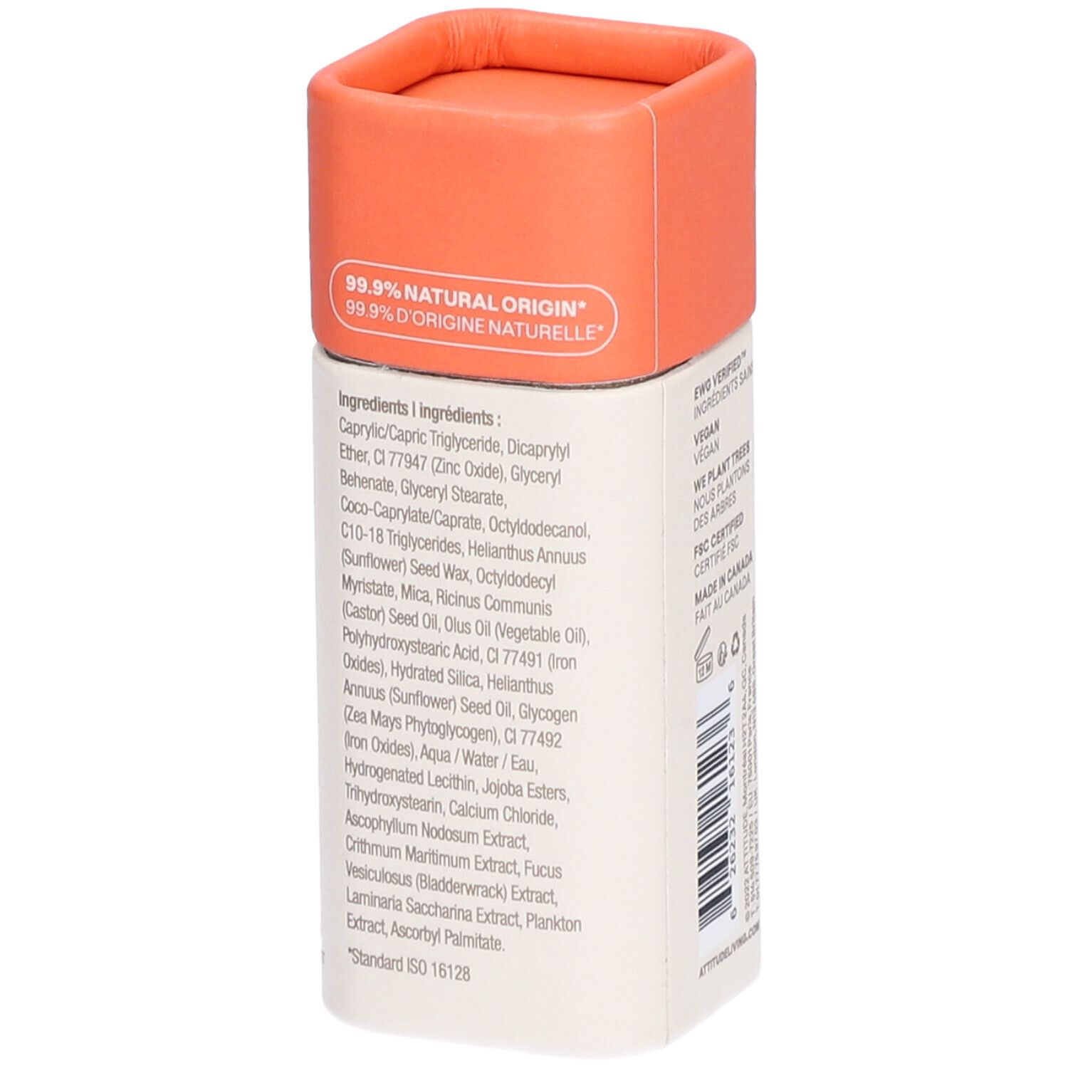 Contenant cylindrique avec couvercle orange. Inscription: 99.9% NATURAL ORIGIN. Liste des ingrédients et texte sur le côté.