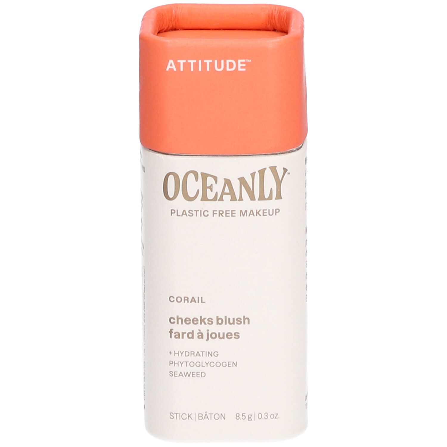 Contenant cylindrique avec couvercle orange. Inscriptions: ATTITUDE, OCEANLY, CORAIL, cheeks blush, fard à joues. 8.5g/0.3 oz.