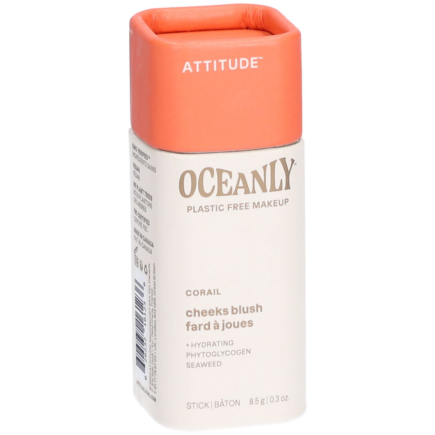 Contenant cylindrique avec couvercle orange. Inscriptions: ATTITUDE, OCEANLY, CORAIL, cheeks blush, fard à joues. 8.5g/0.3 oz.