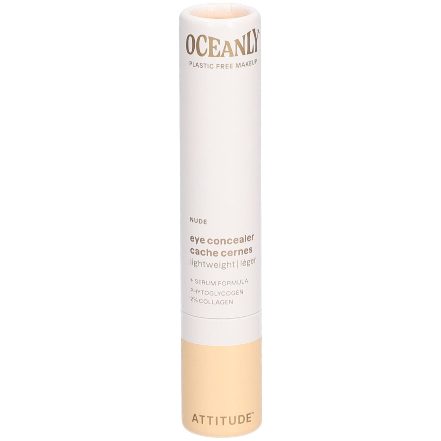 Bâton beige avec étiquette blanche. Texte: OCEANLY, eye concealer, ATTITUDE.