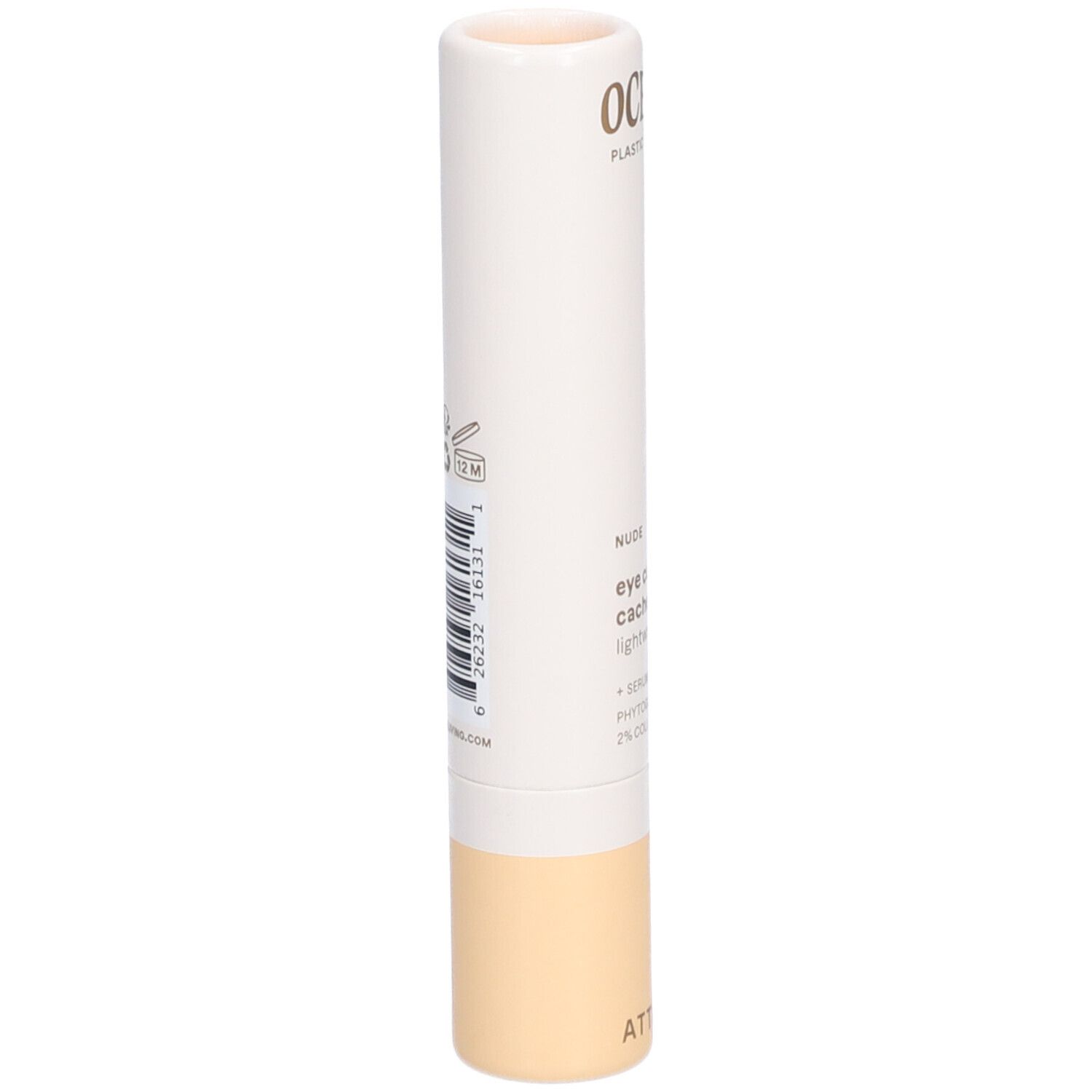 Bâton beige avec étiquette blanche. Code-barres et texte au dos.