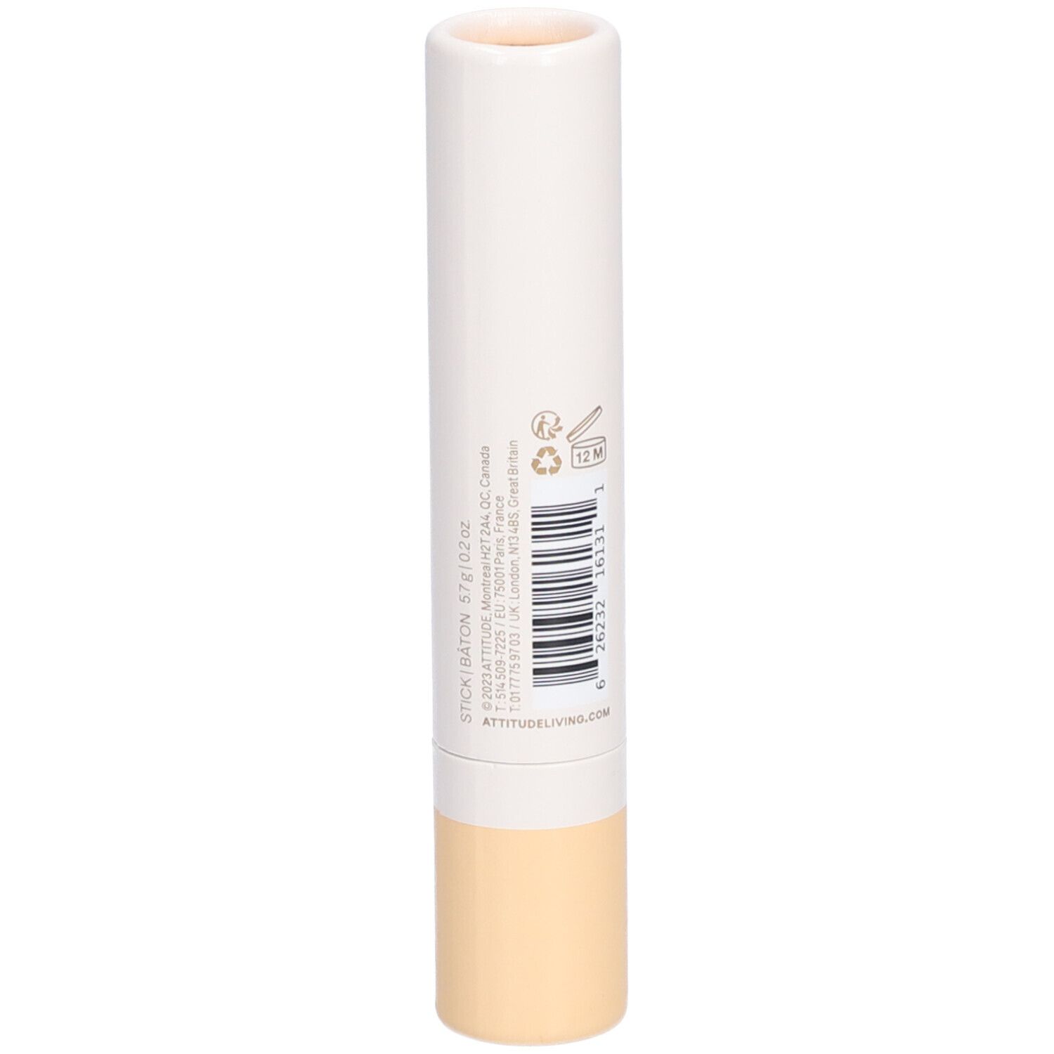 Bâton beige avec étiquette blanche. Texte: STICK/BATON, 5,7 g/0.2 oz.