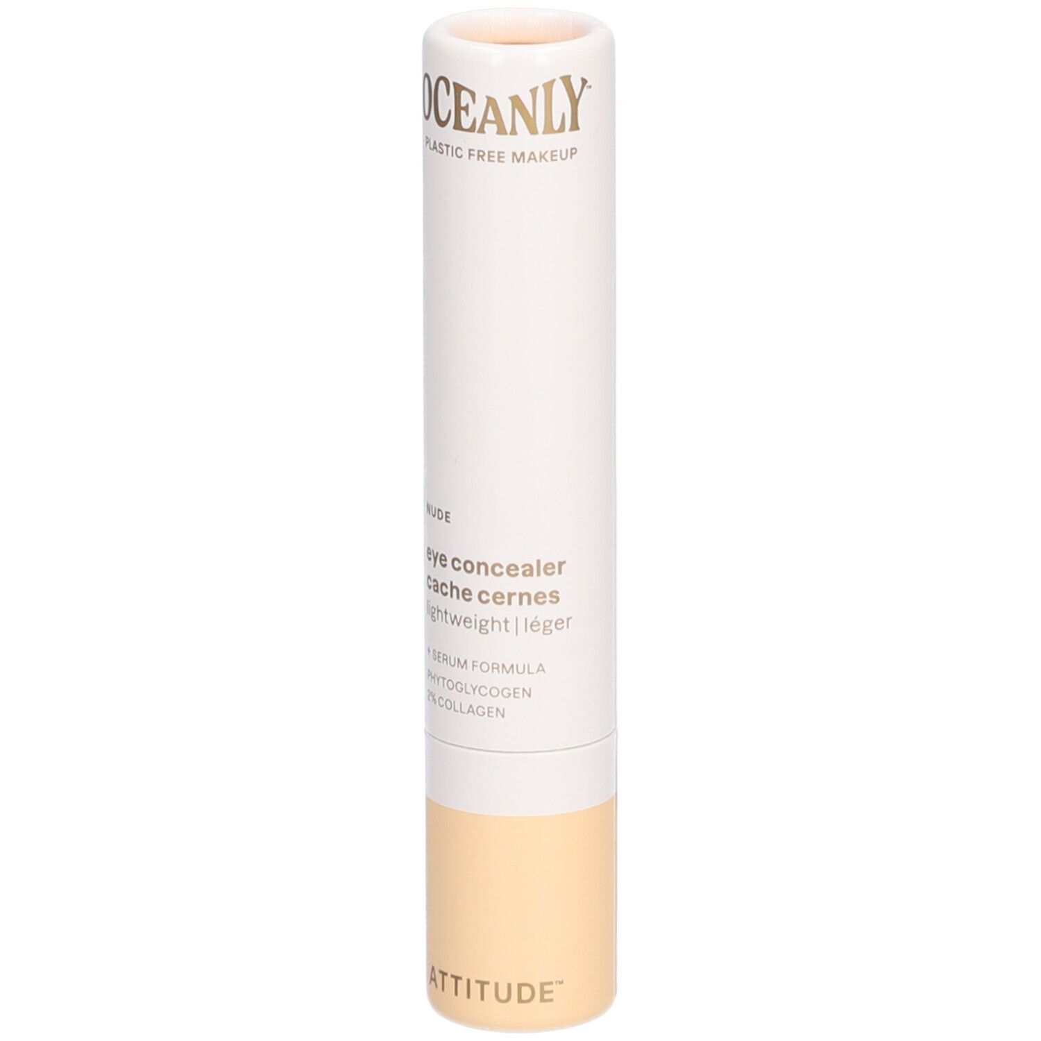 Bâton beige avec étiquette blanche. Texte: OCEANLY, eye concealer, ATTITUDE.