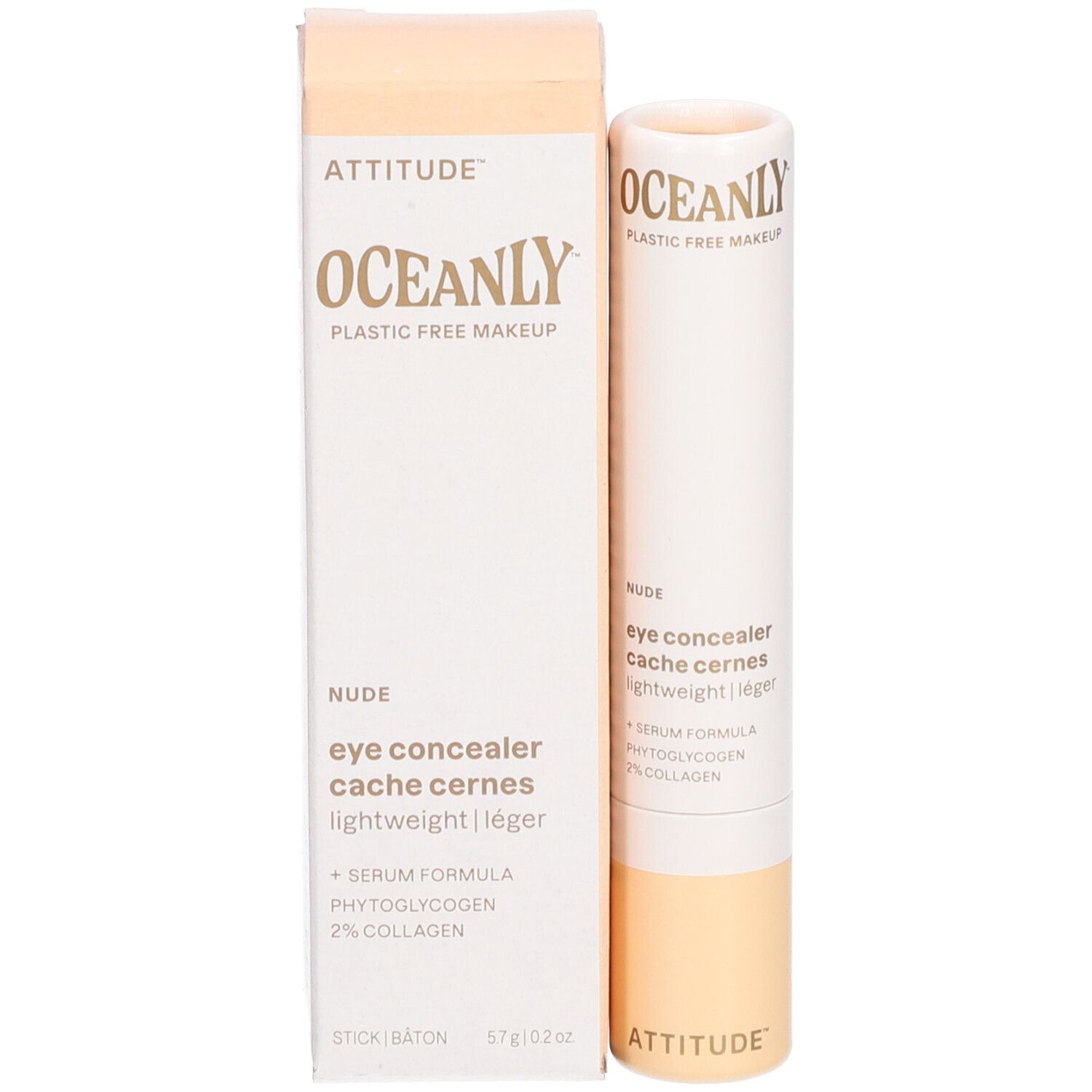 Bâton et carton beige. Texte: ATTITUDE, OCEANLY, eye concealer, 5,7 g/0.2 oz.