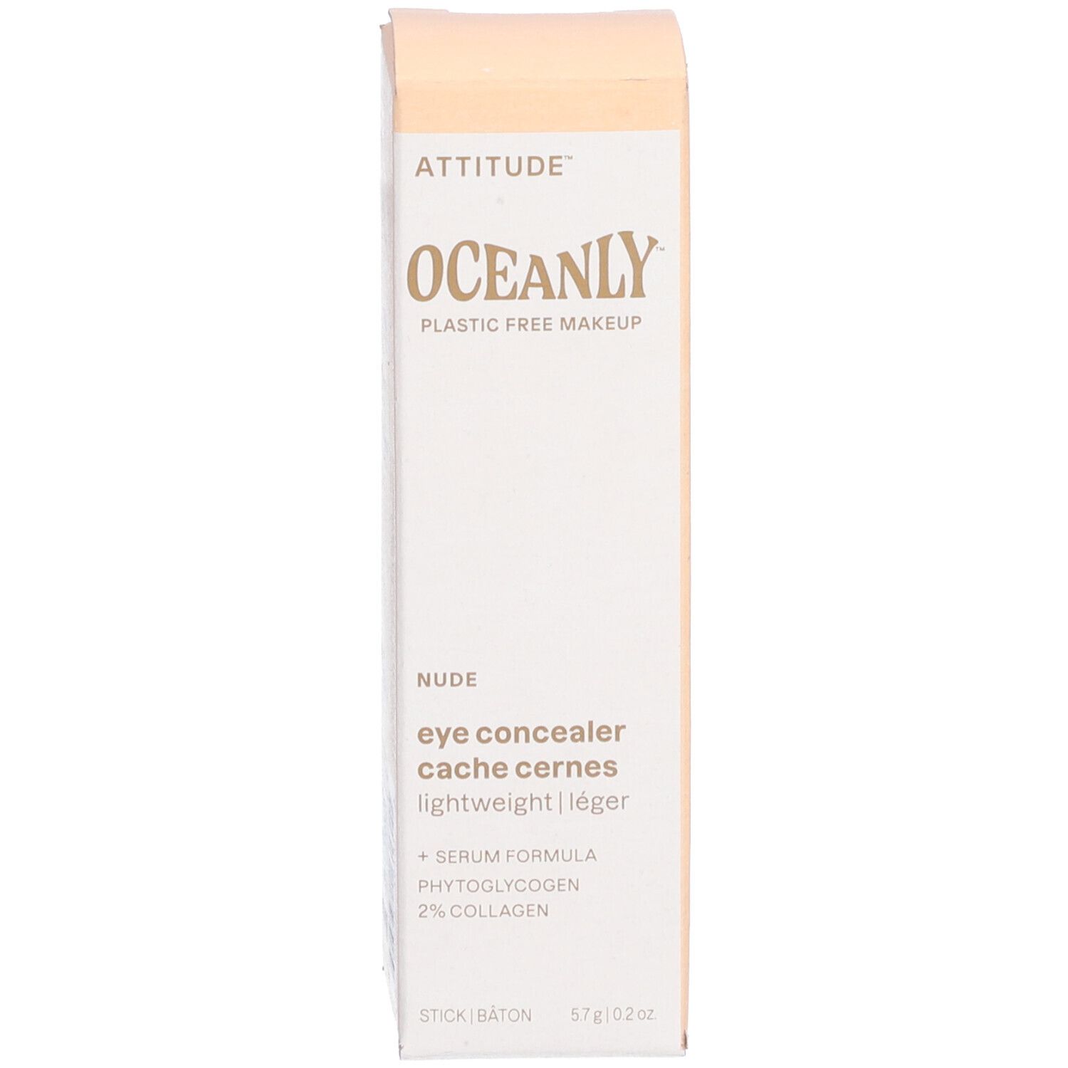 Carton beige. Texte: ATTITUDE, OCEANLY, eye concealer, 5,7 g/0.2 oz.