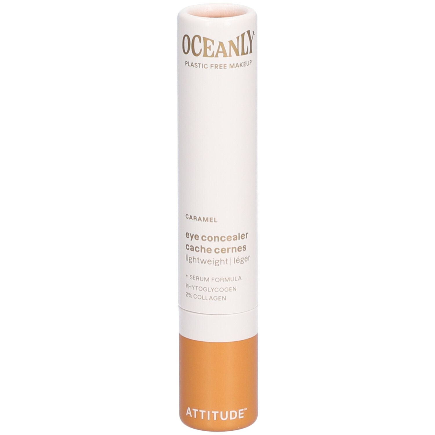 Correcteur en bâton cylindrique. Corps blanc, base marron. Texte: OCEANLY, Caramel, eye concealer, léger.