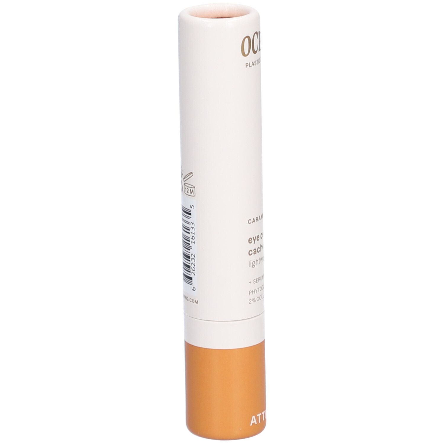 Correcteur cylindrique. Corps blanc, base marron. Code-barres au dos. Texte: OCEANLY, Caramel, eye concealer.