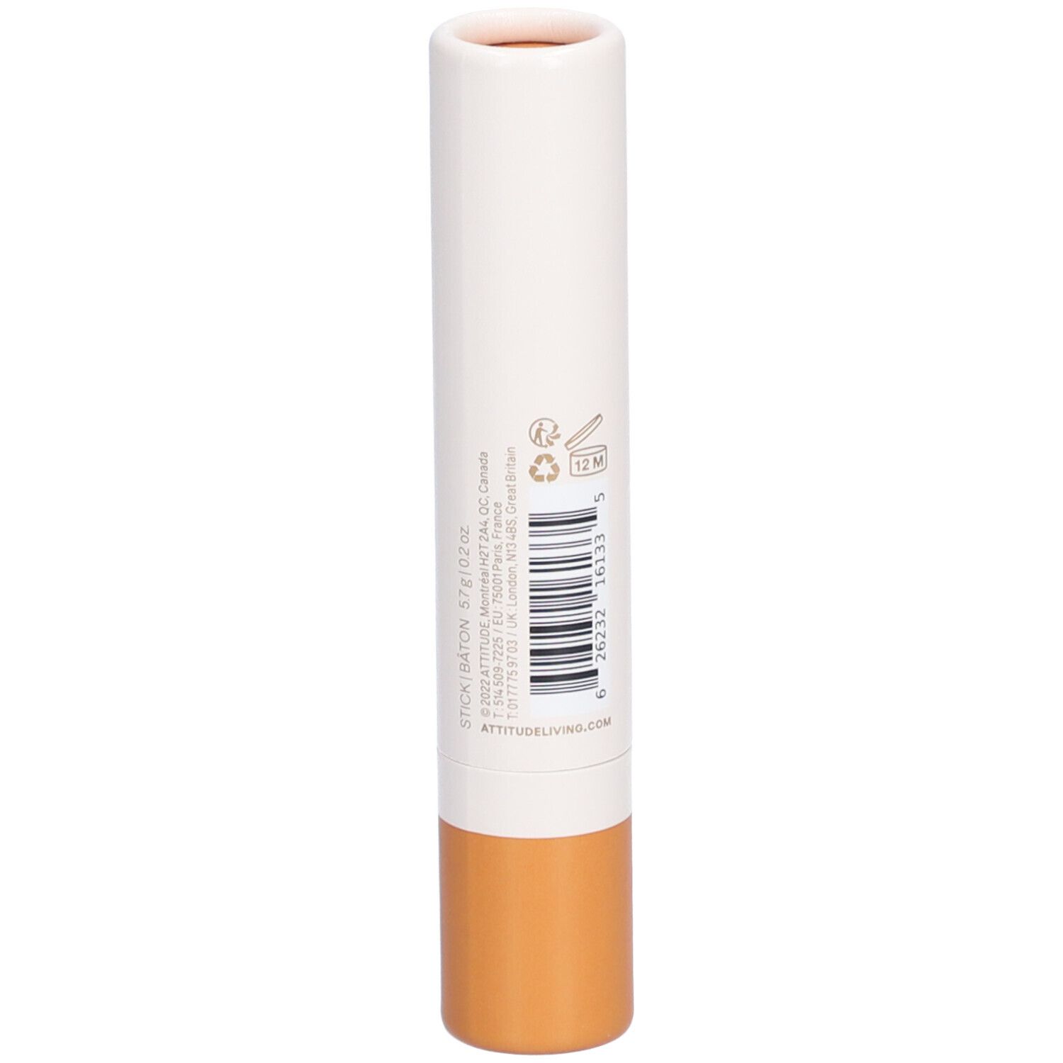 Correcteur cylindrique. Corps blanc, base marron. Code-barres et texte au dos. Texte: ATTITUDE.
