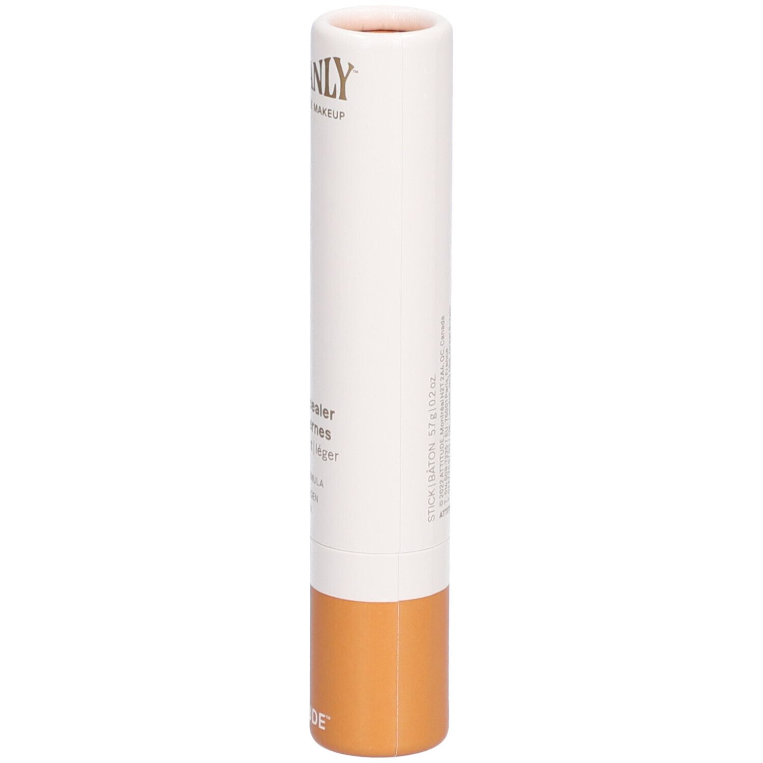 Correcteur cylindrique. Corps blanc, base marron. Texte: OCEANLY, Caramel, eye concealer, léger.