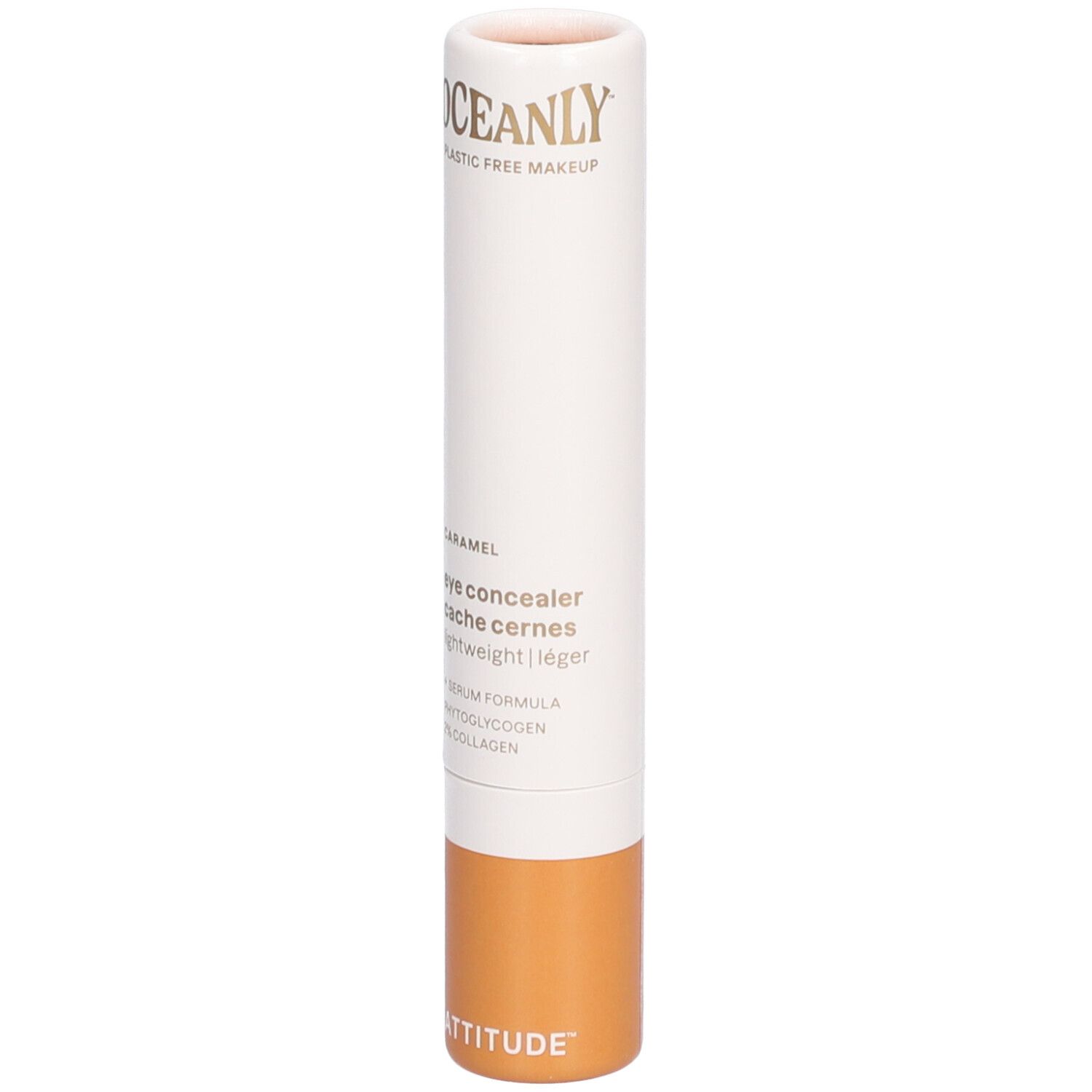 Correcteur cylindrique. Corps blanc, base marron. Texte: OCEANLY, Caramel, eye concealer, léger.